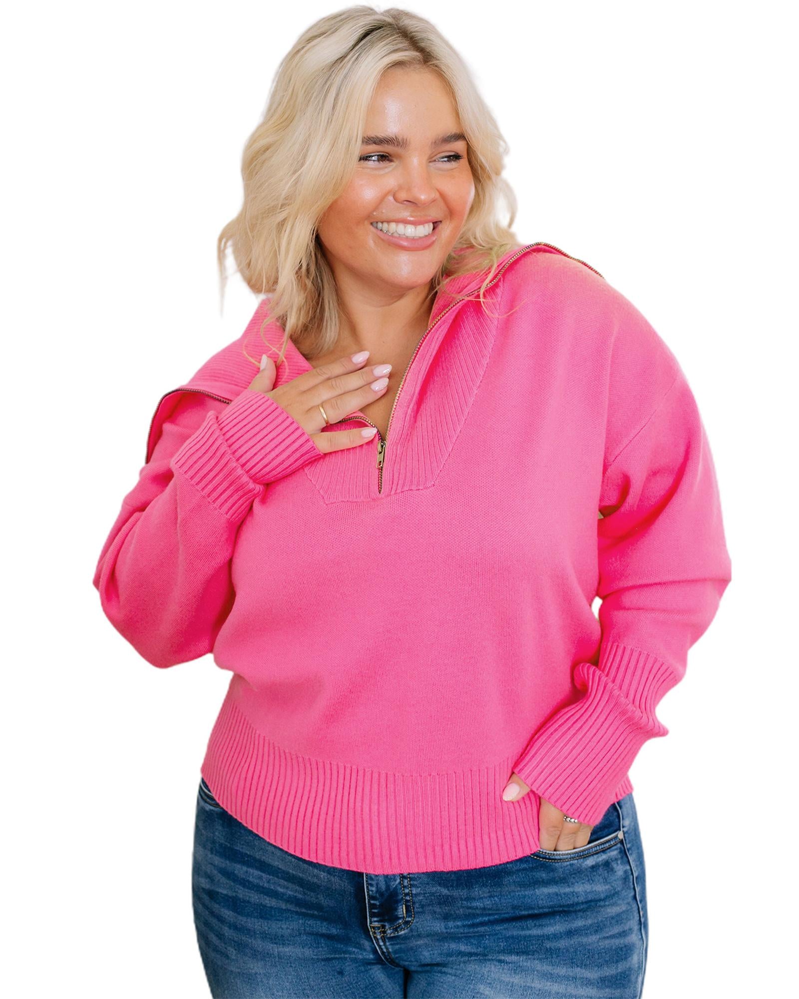 Rose Solid Ribbed Trim Plus Size Zip Collar Sweater - 2X