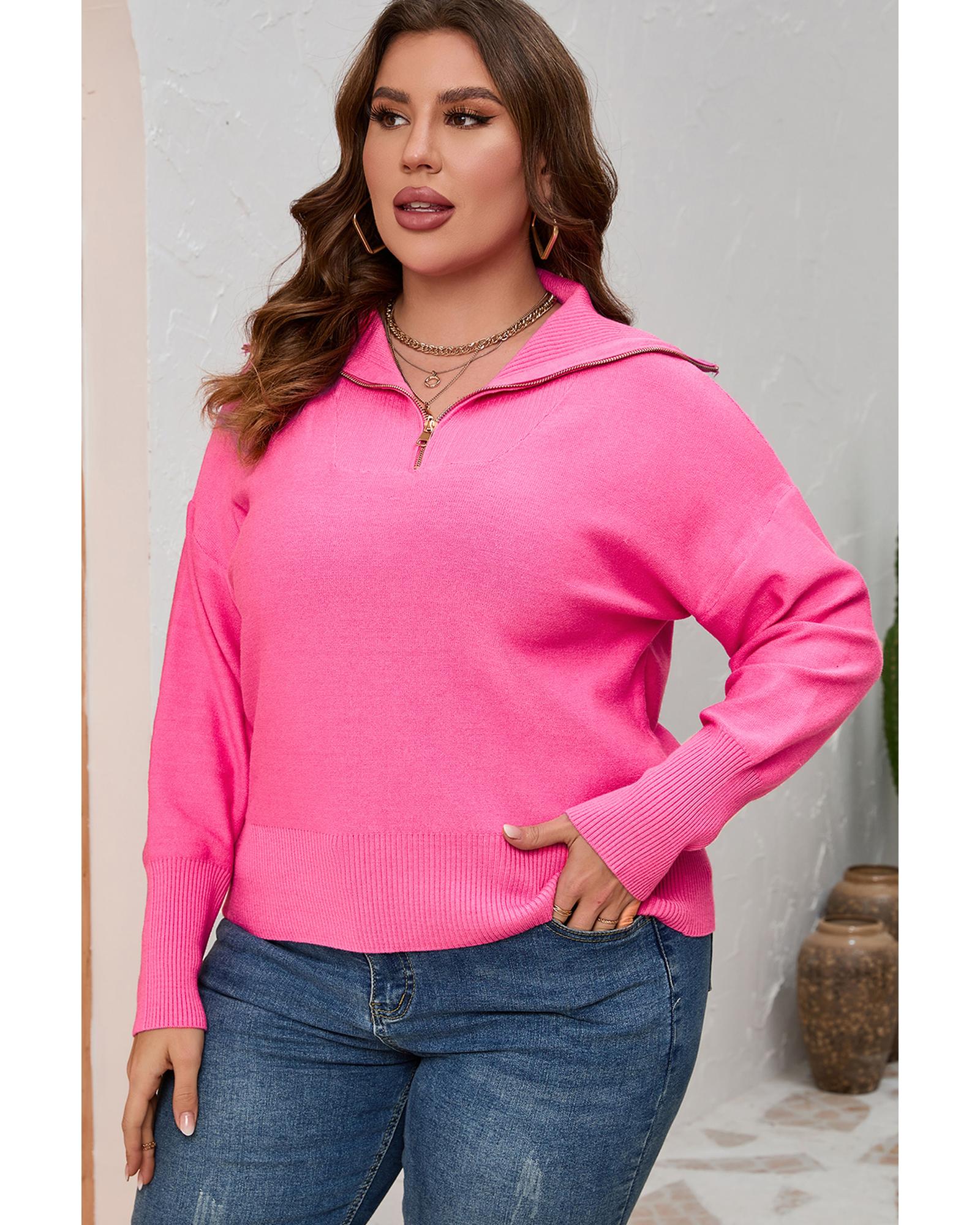Rose Solid Ribbed Trim Plus Size Zip Collar Sweater - 3X
