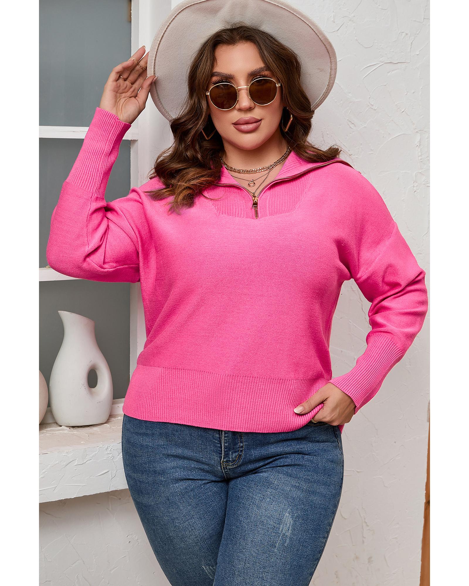 Rose Solid Ribbed Trim Plus Size Zip Collar Sweater - 3X