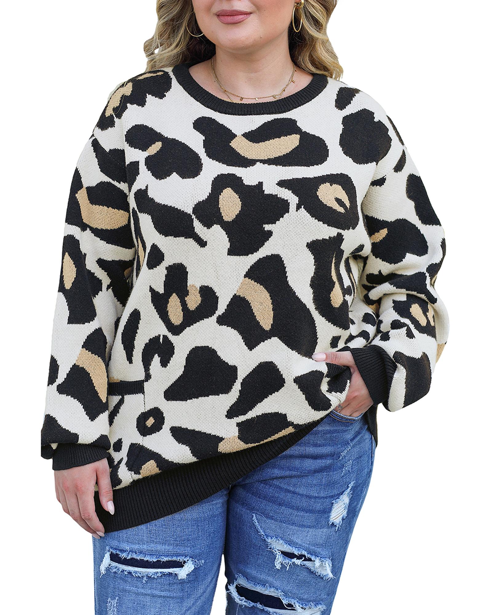 Leopard Ribbed Trim Pocketed Plus Size Sweater - 1X