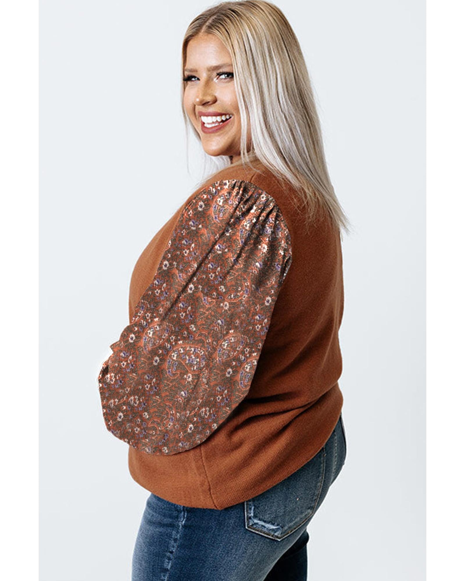 Brown Plus Size Printed Splicing Sleeve Ribbed Trim Sweater - 1X