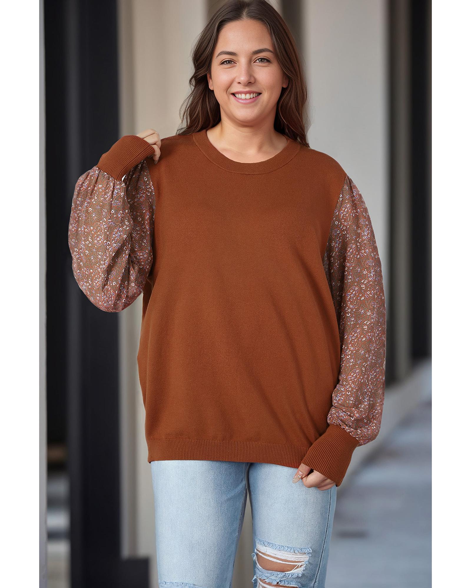 Brown Plus Size Printed Splicing Sleeve Ribbed Trim Sweater - 1X