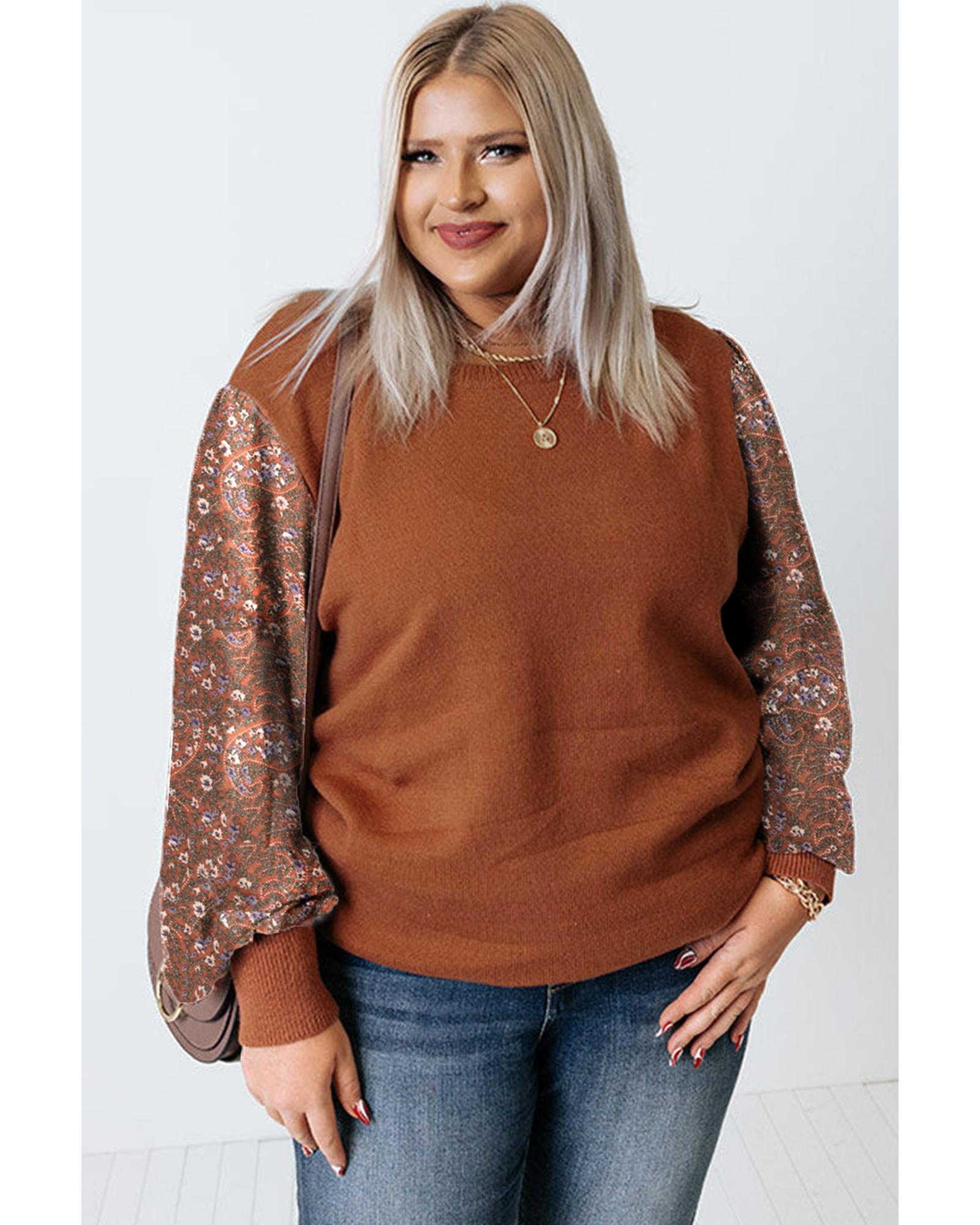 Brown Plus Size Printed Splicing Sleeve Ribbed Trim Sweater - 2X
