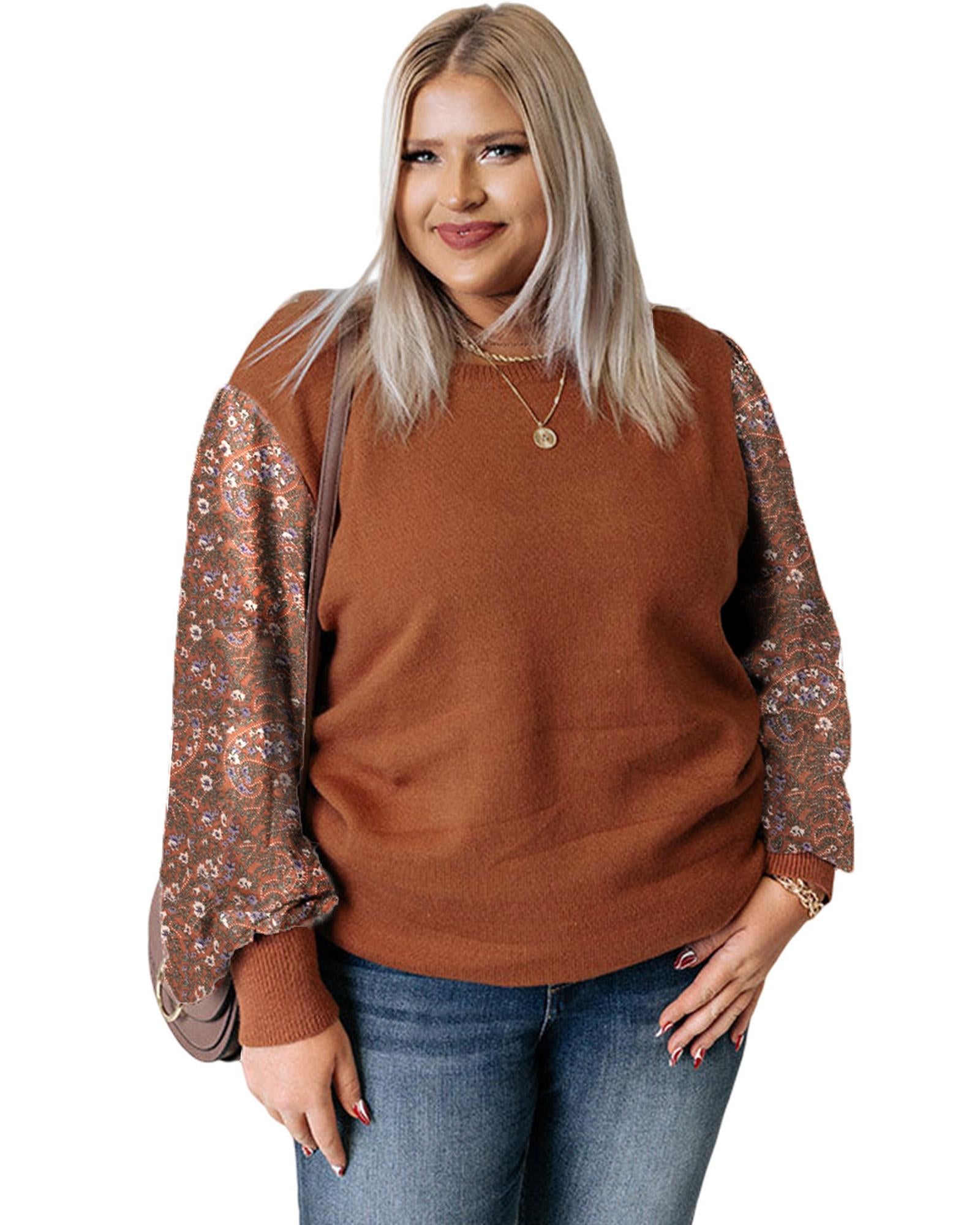 Brown Plus Size Printed Splicing Sleeve Ribbed Trim Sweater - 3X