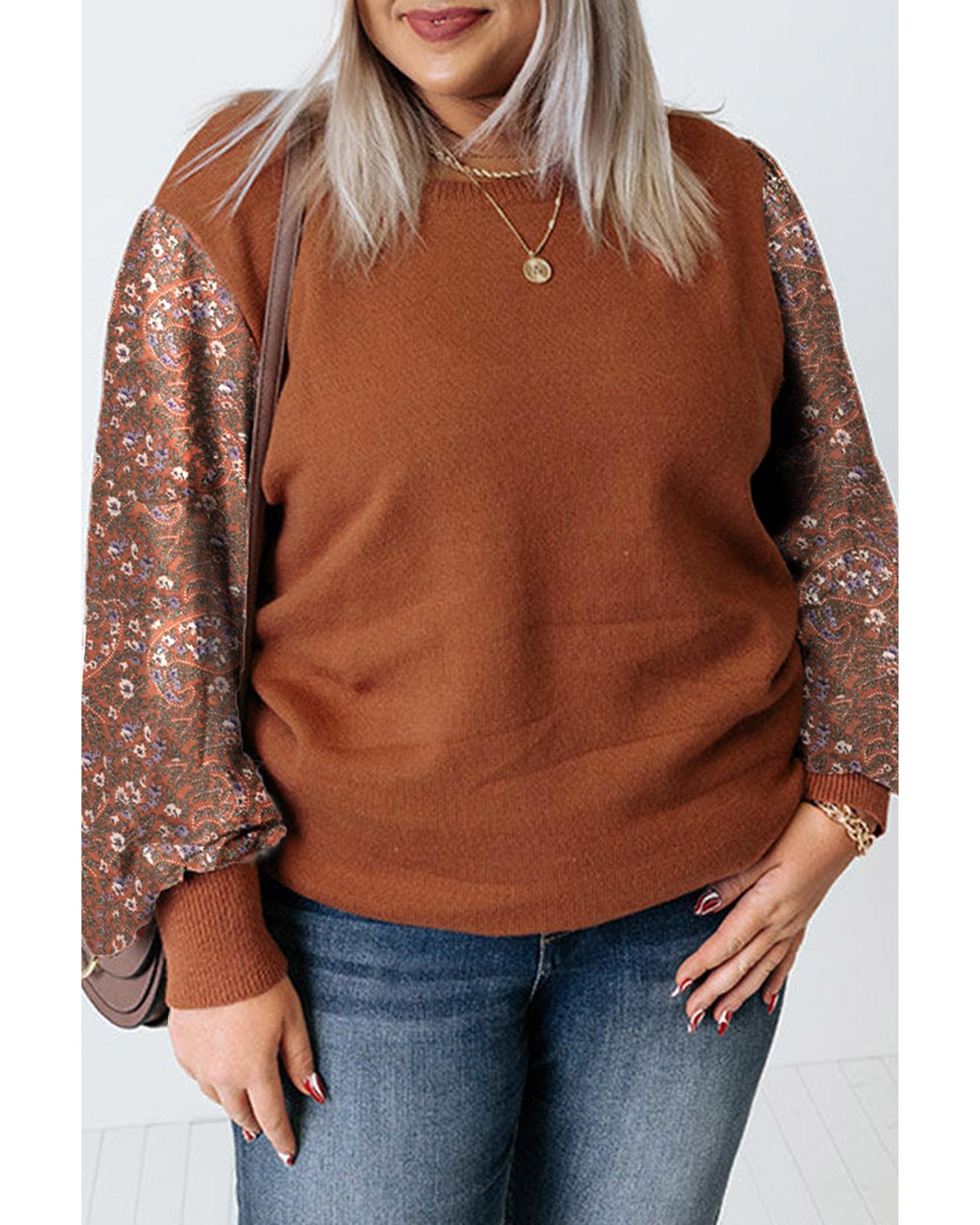 Brown Plus Size Printed Splicing Sleeve Ribbed Trim Sweater - 3X