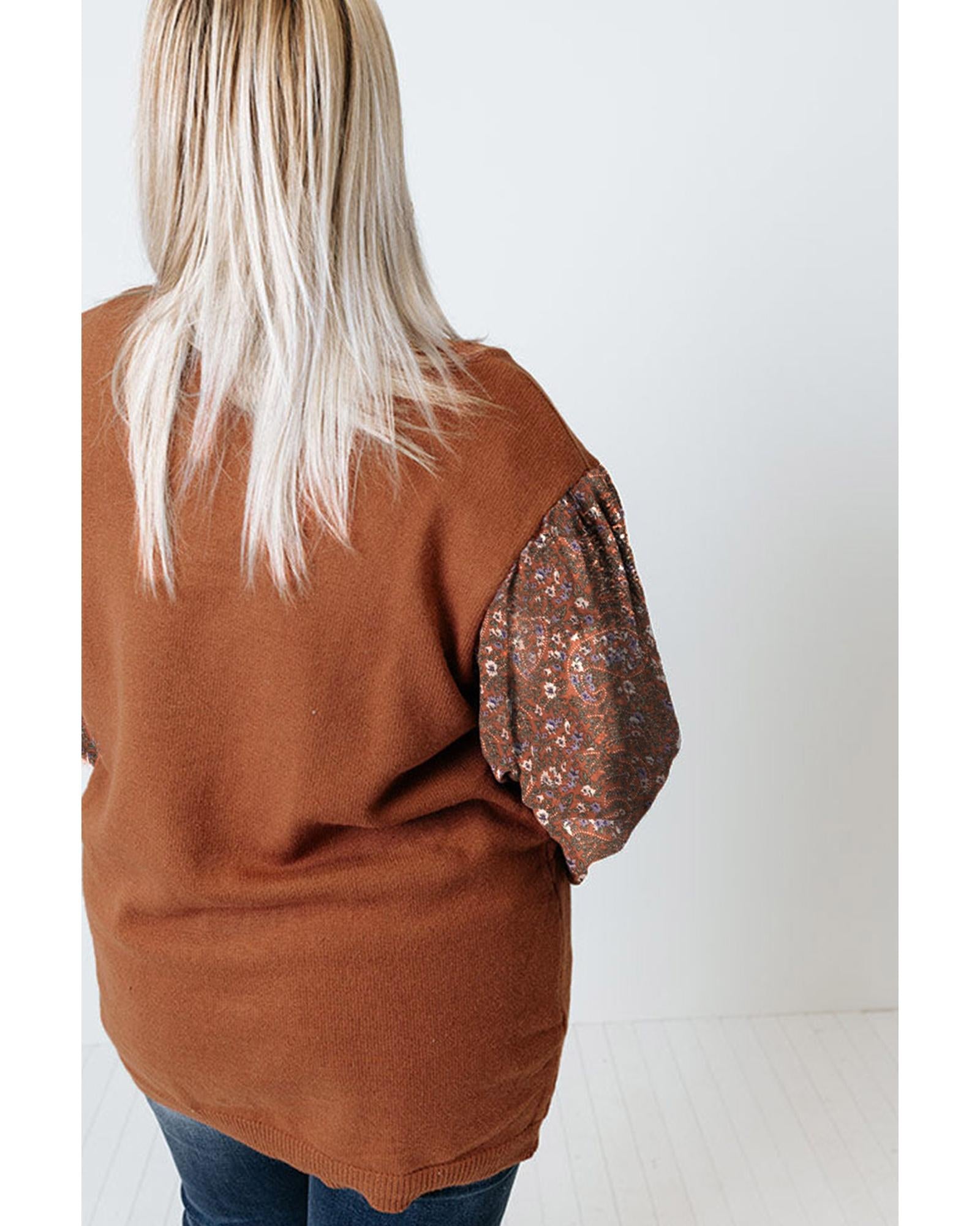 Brown Plus Size Printed Splicing Sleeve Ribbed Trim Sweater - 3X