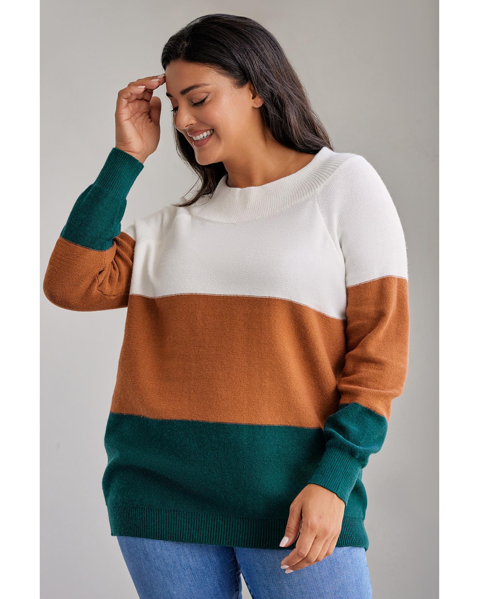 Brown Plus Size Ribbed Trim Color Block Sweater - 1X