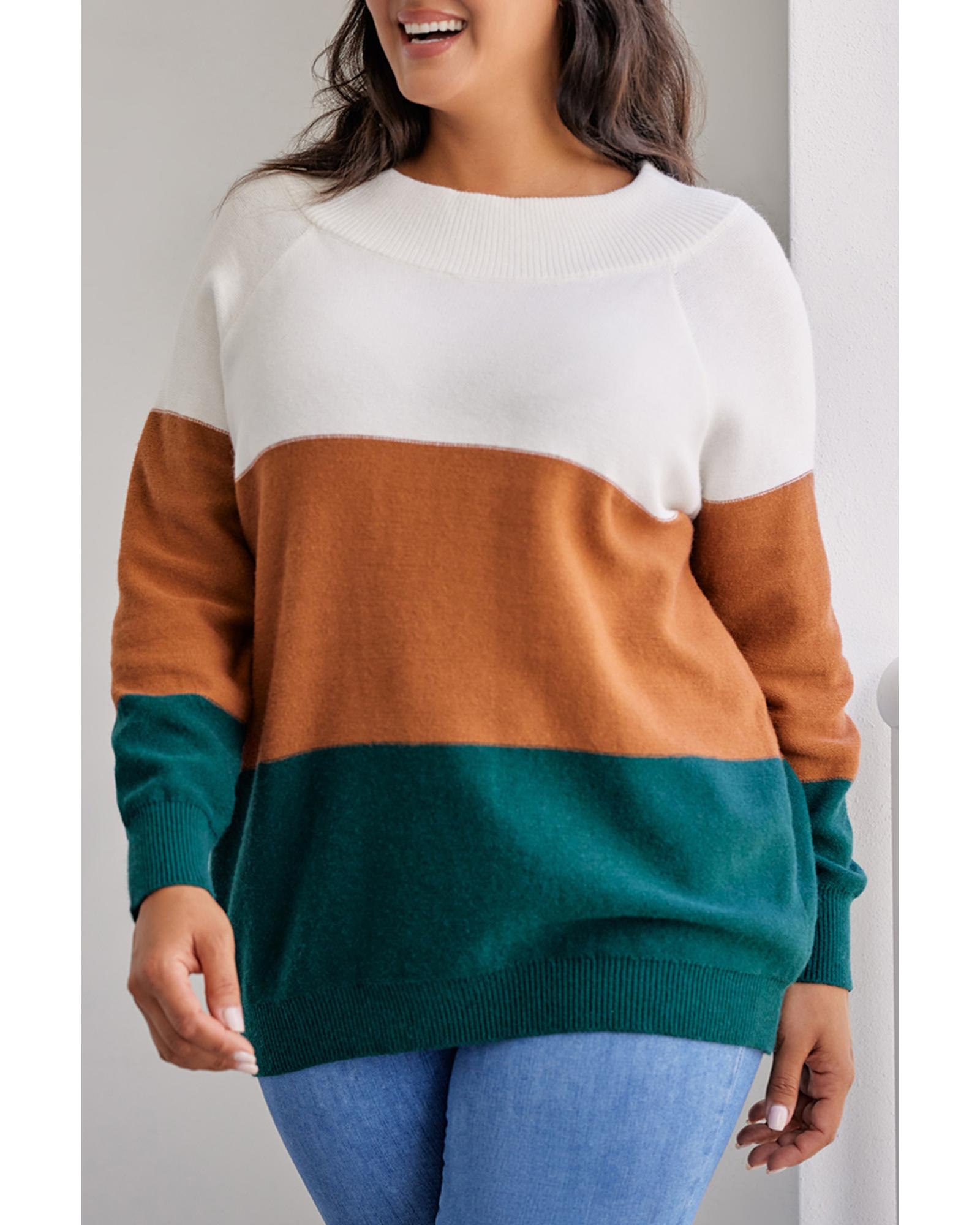 Brown Plus Size Ribbed Trim Color Block Sweater - 1X