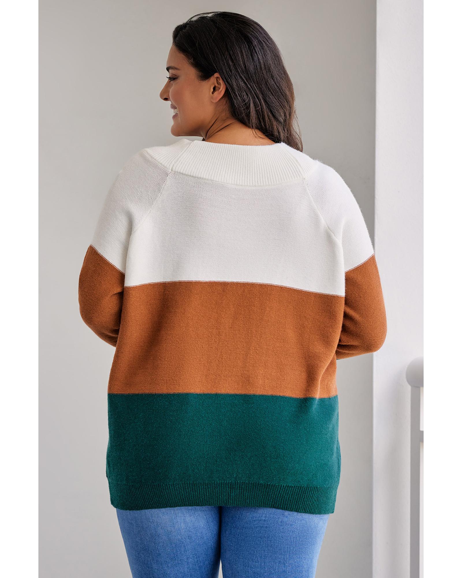 Brown Plus Size Ribbed Trim Color Block Sweater - 3X