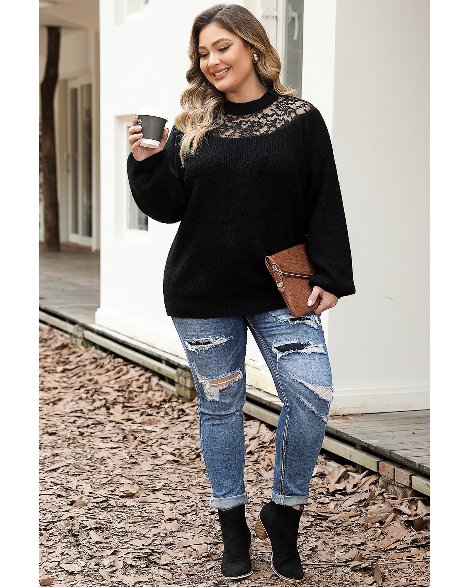 Black Plus Size Ribbed Knit Lace Splicing High Neck Sweater - 1X