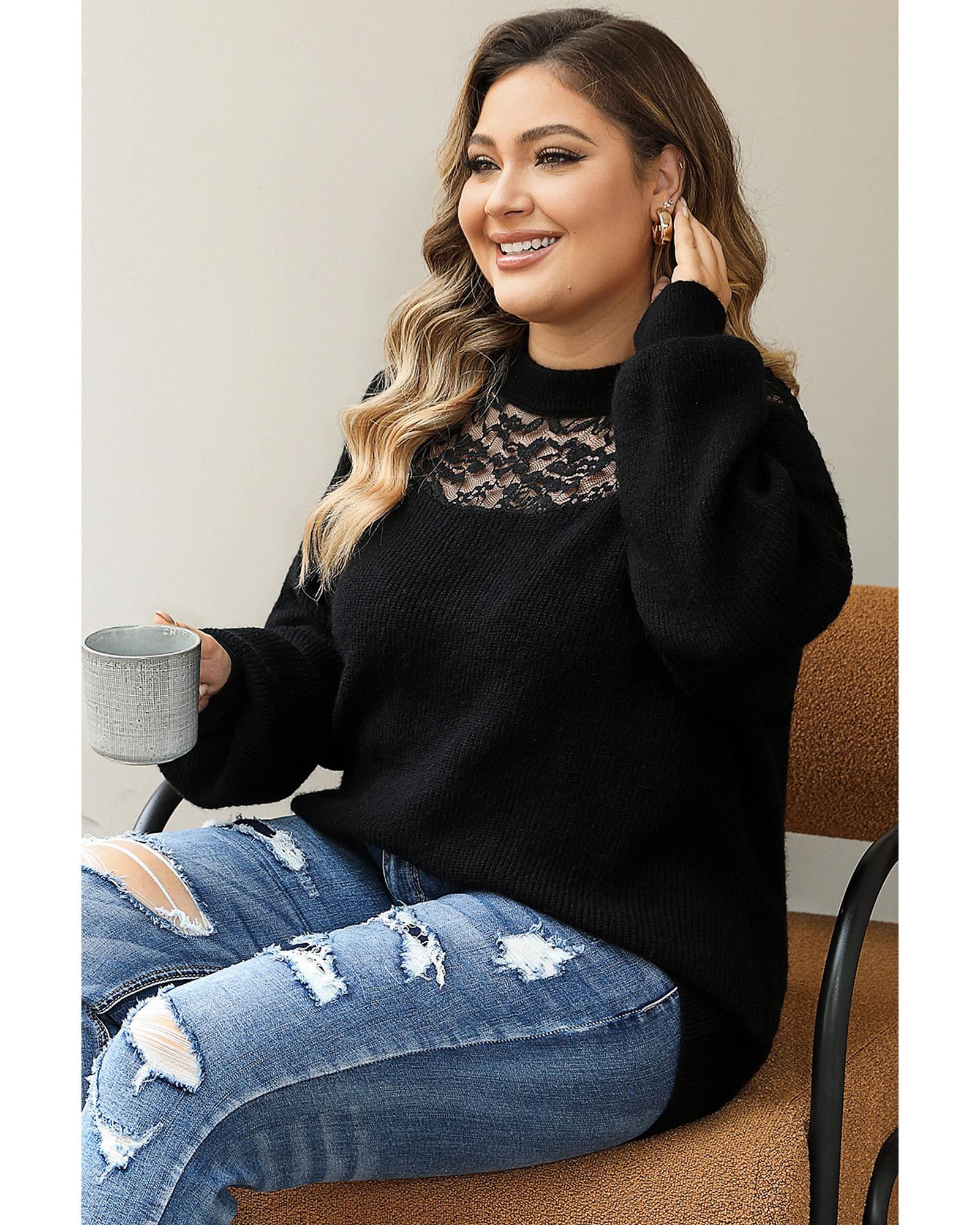 Black Plus Size Ribbed Knit Lace Splicing High Neck Sweater - 1X
