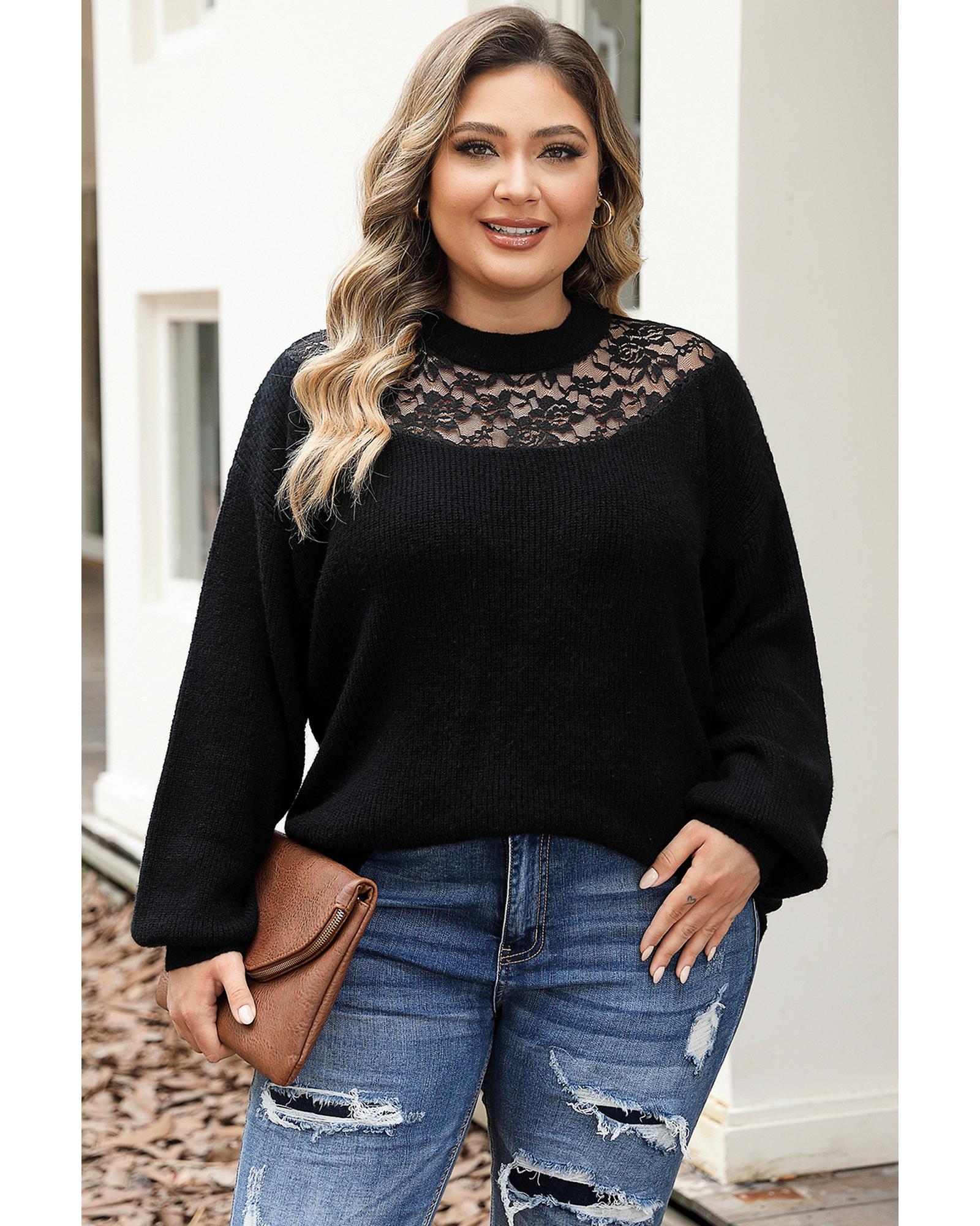 Black Plus Size Ribbed Knit Lace Splicing High Neck Sweater - 2X