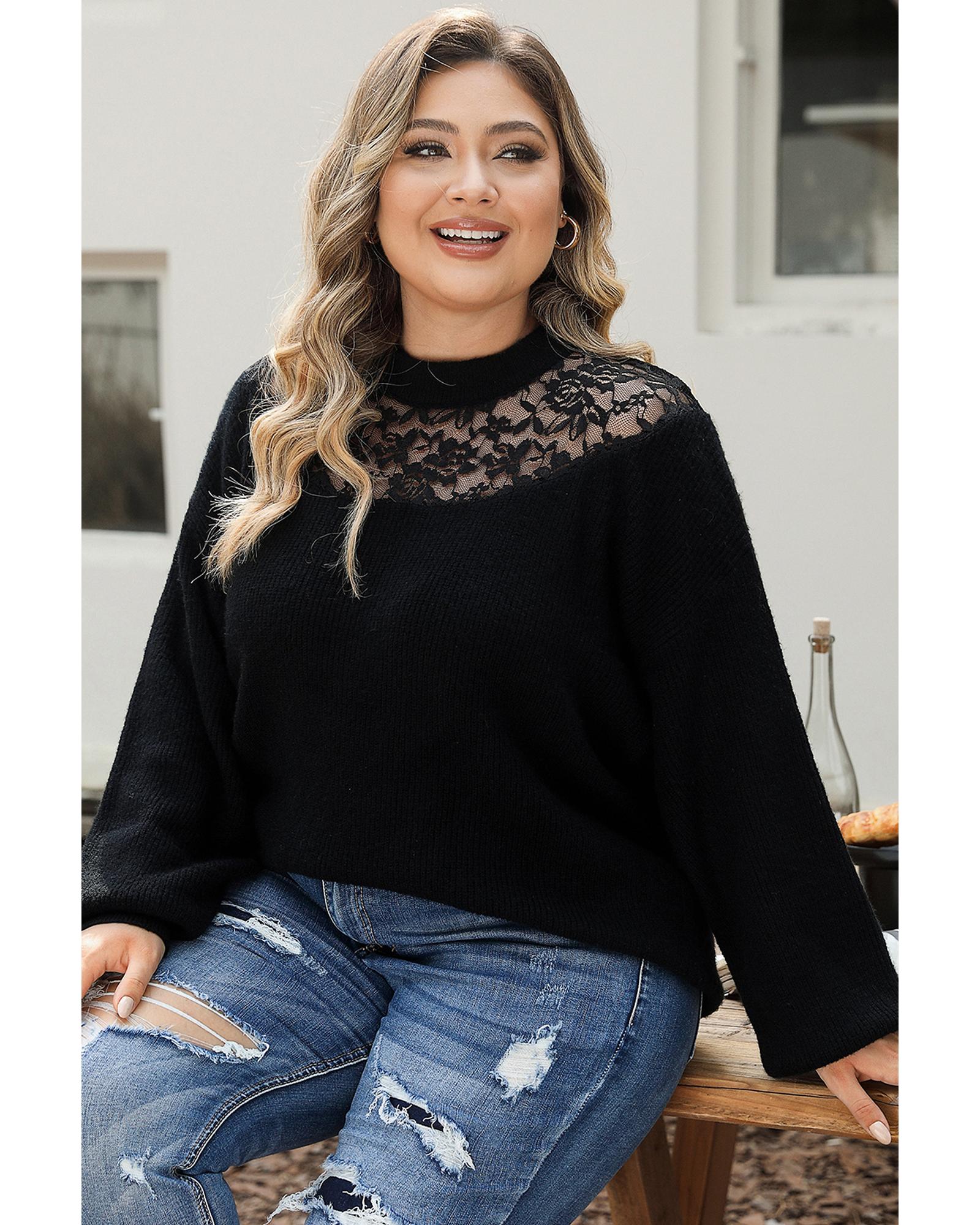 Black Plus Size Ribbed Knit Lace Splicing High Neck Sweater - 2X