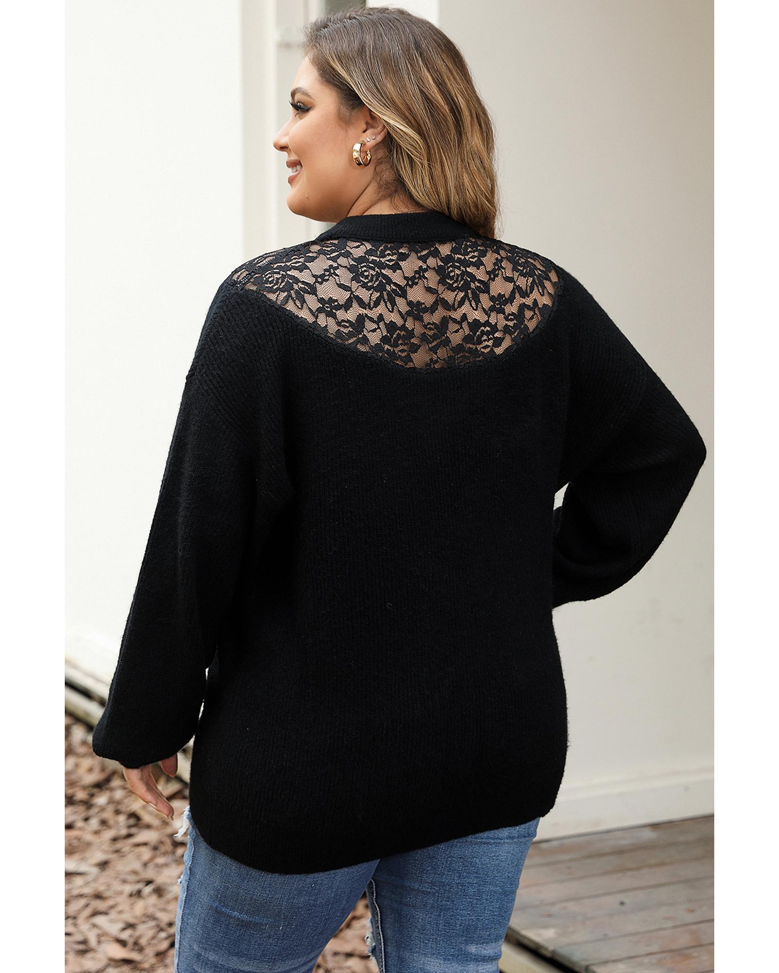 Black Plus Size Ribbed Knit Lace Splicing High Neck Sweater - 2X