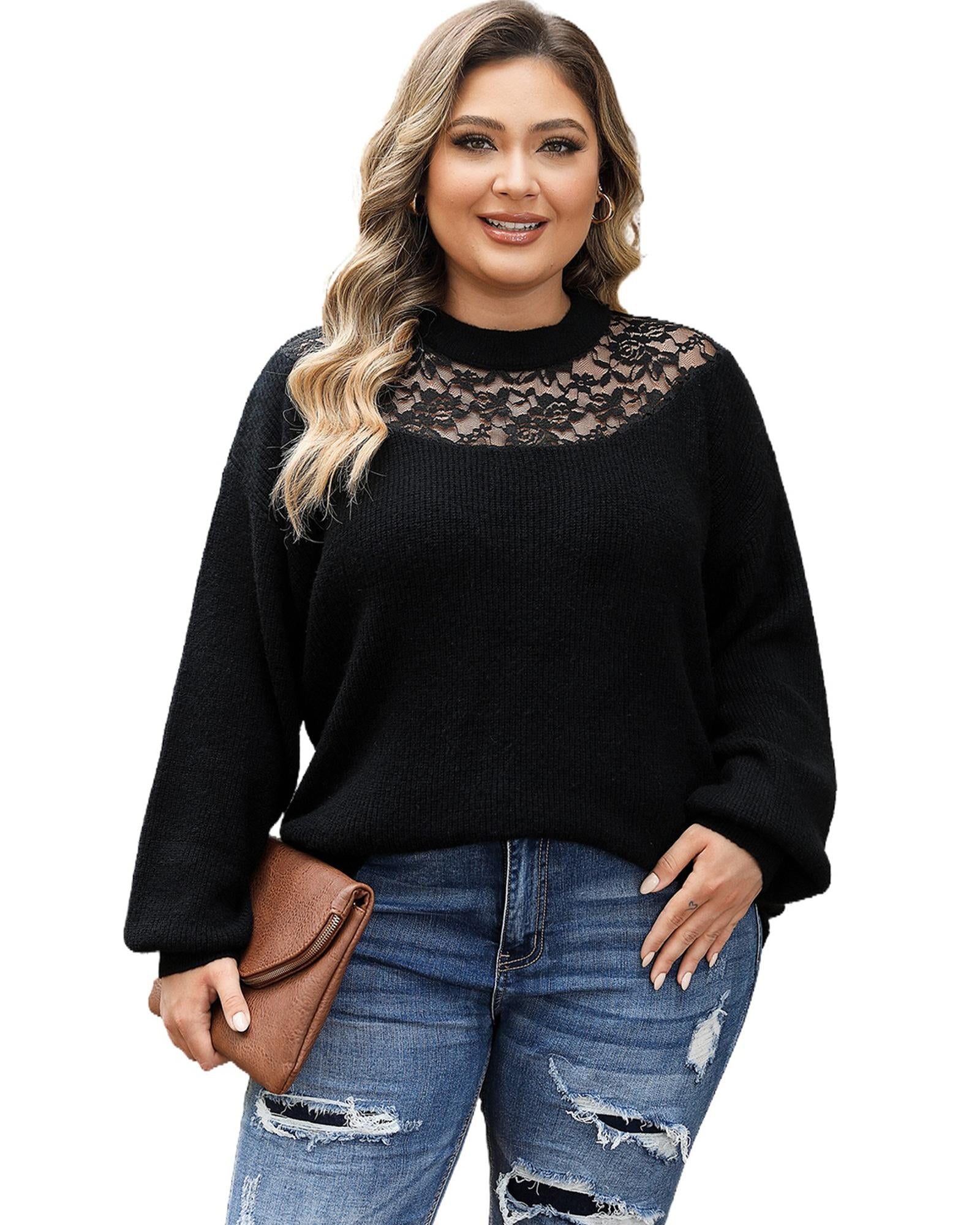 Black Plus Size Ribbed Knit Lace Splicing High Neck Sweater - 2X