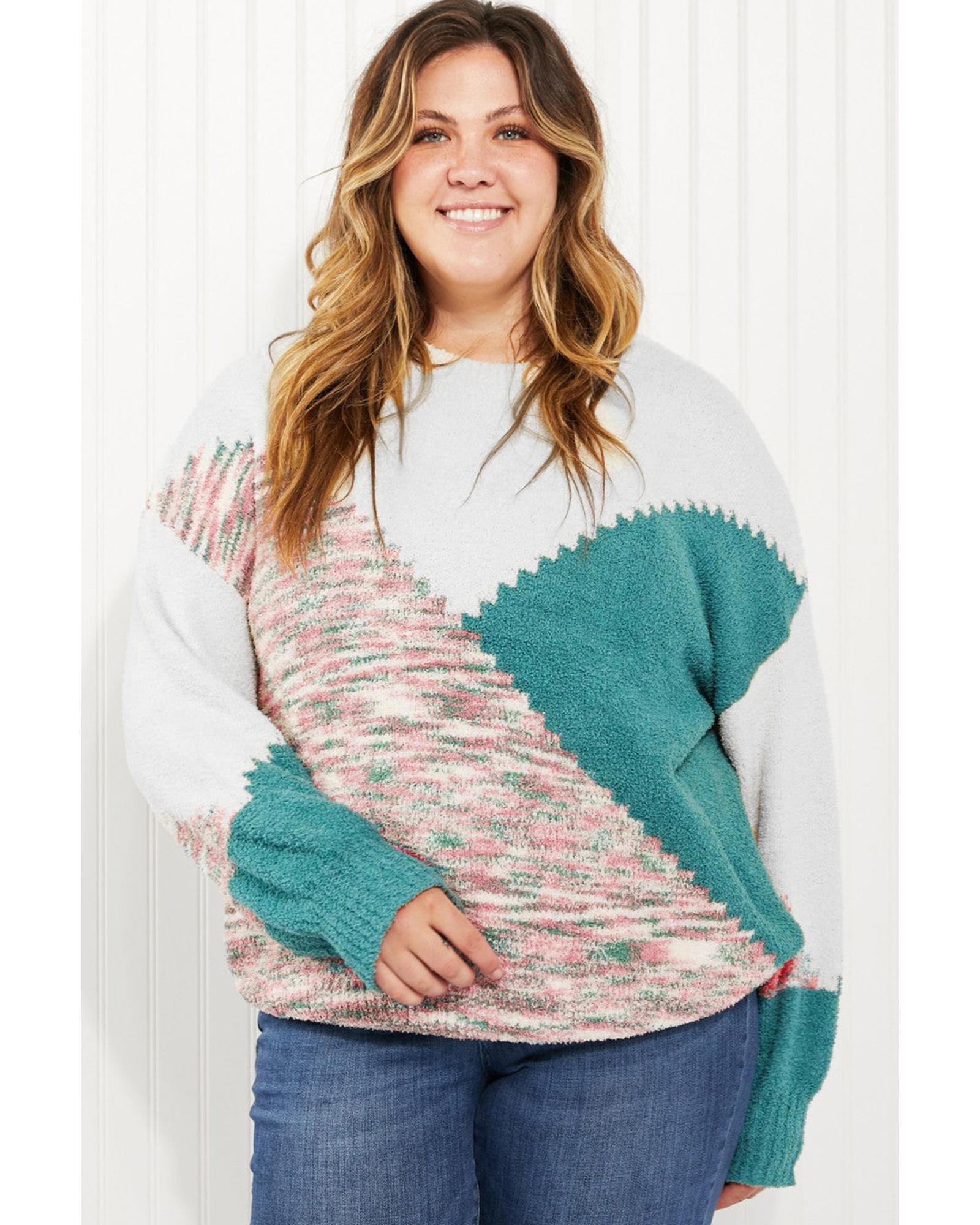 Multicolor Scalloped Color Block Plus Size Sweater - 1X