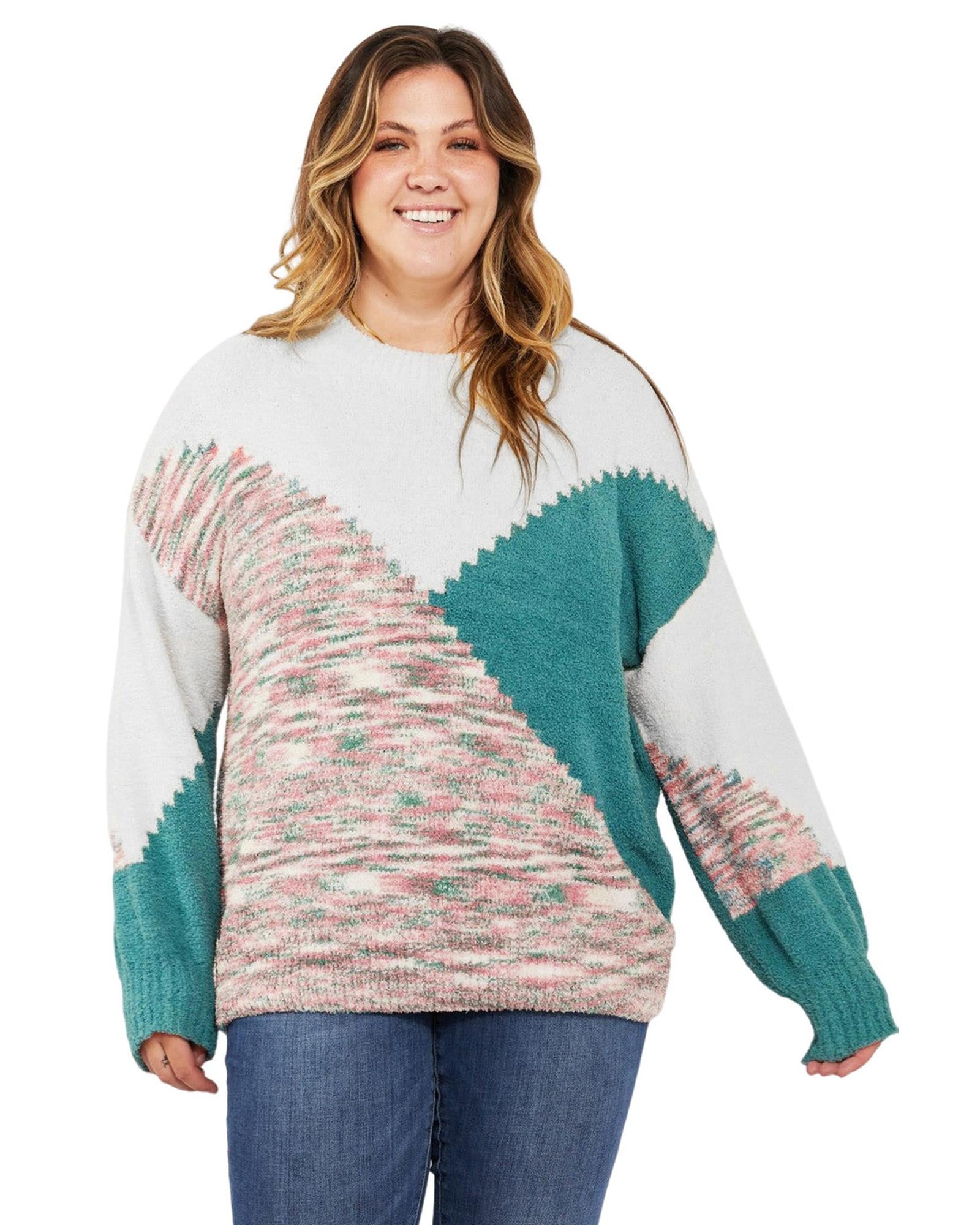 Multicolor Scalloped Color Block Plus Size Sweater - 1X