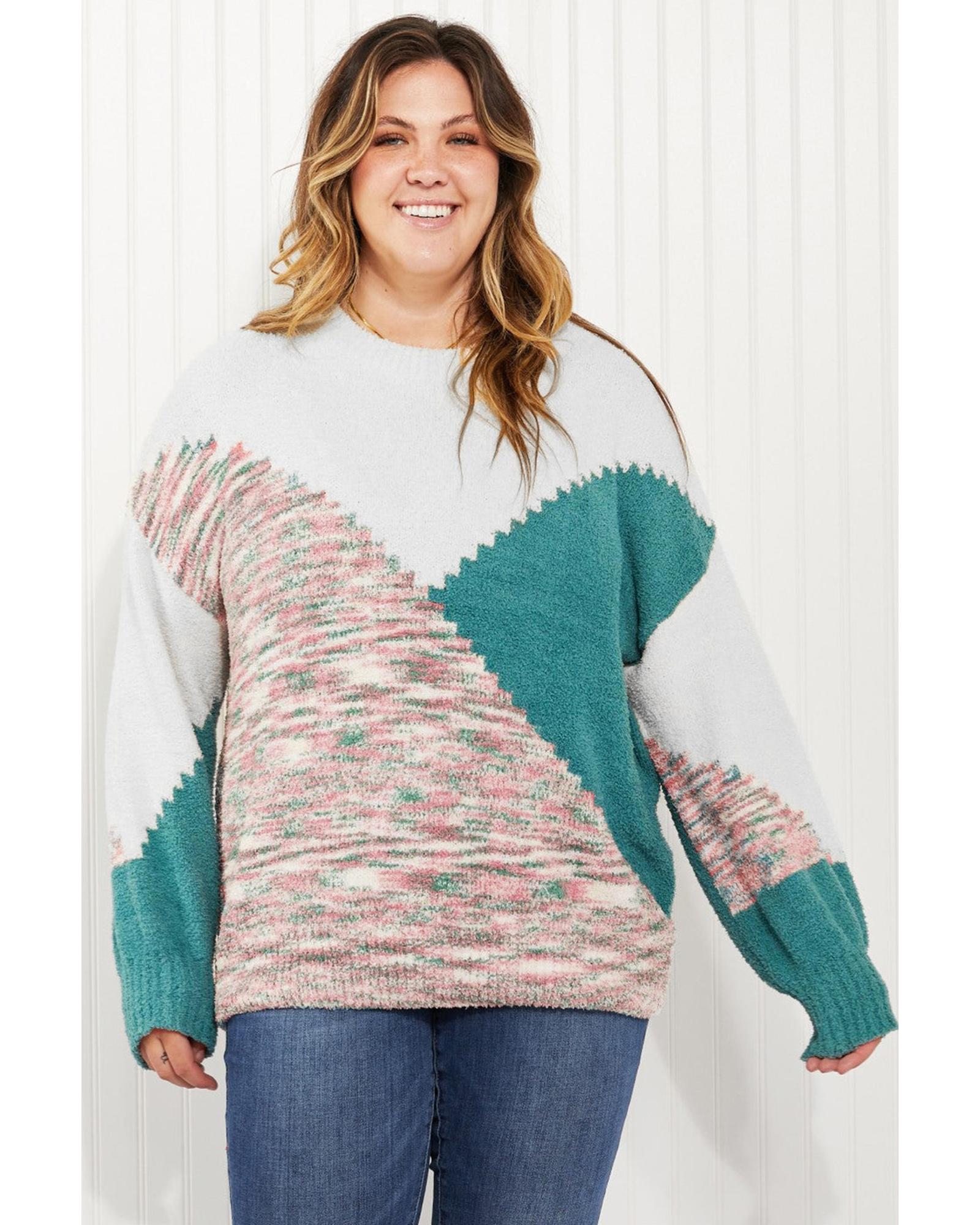 Multicolor Scalloped Color Block Plus Size Sweater - 2X