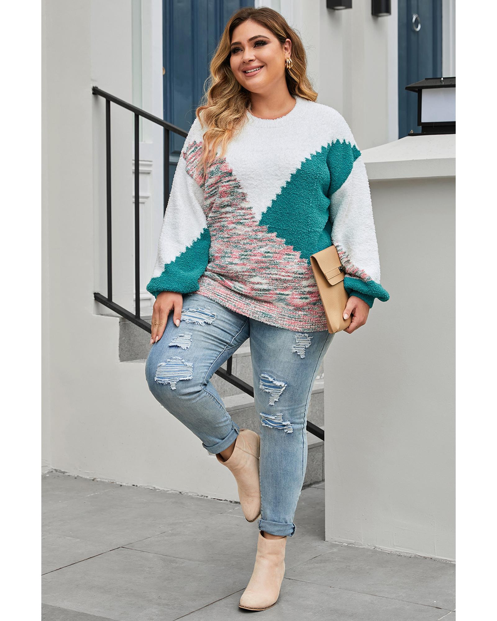 Multicolor Scalloped Color Block Plus Size Sweater - 2X