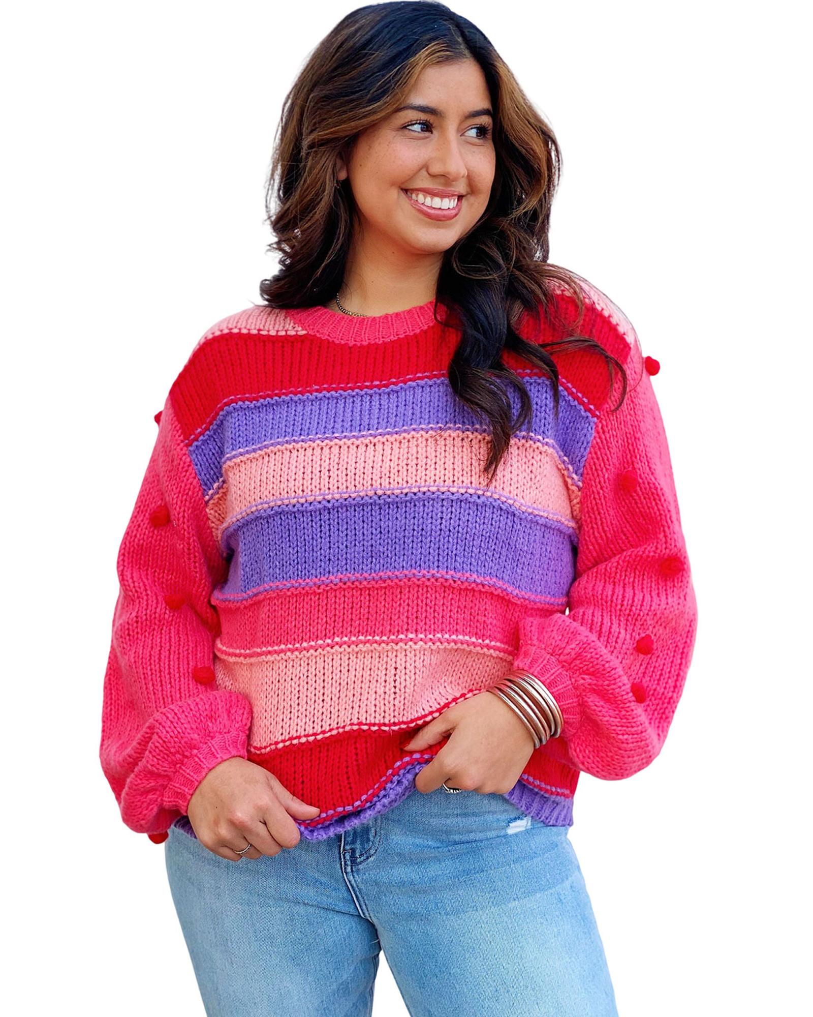 Pink Plus Size Striped Knit Pompom Puff Sleeve Sweater - 1X