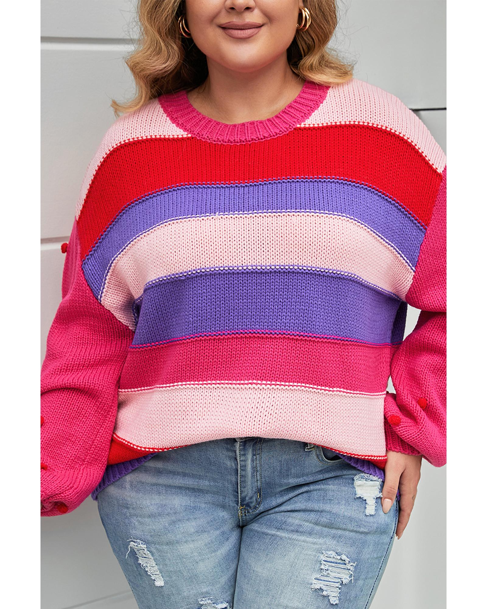 Pink Plus Size Striped Knit Pompom Puff Sleeve Sweater - 2X