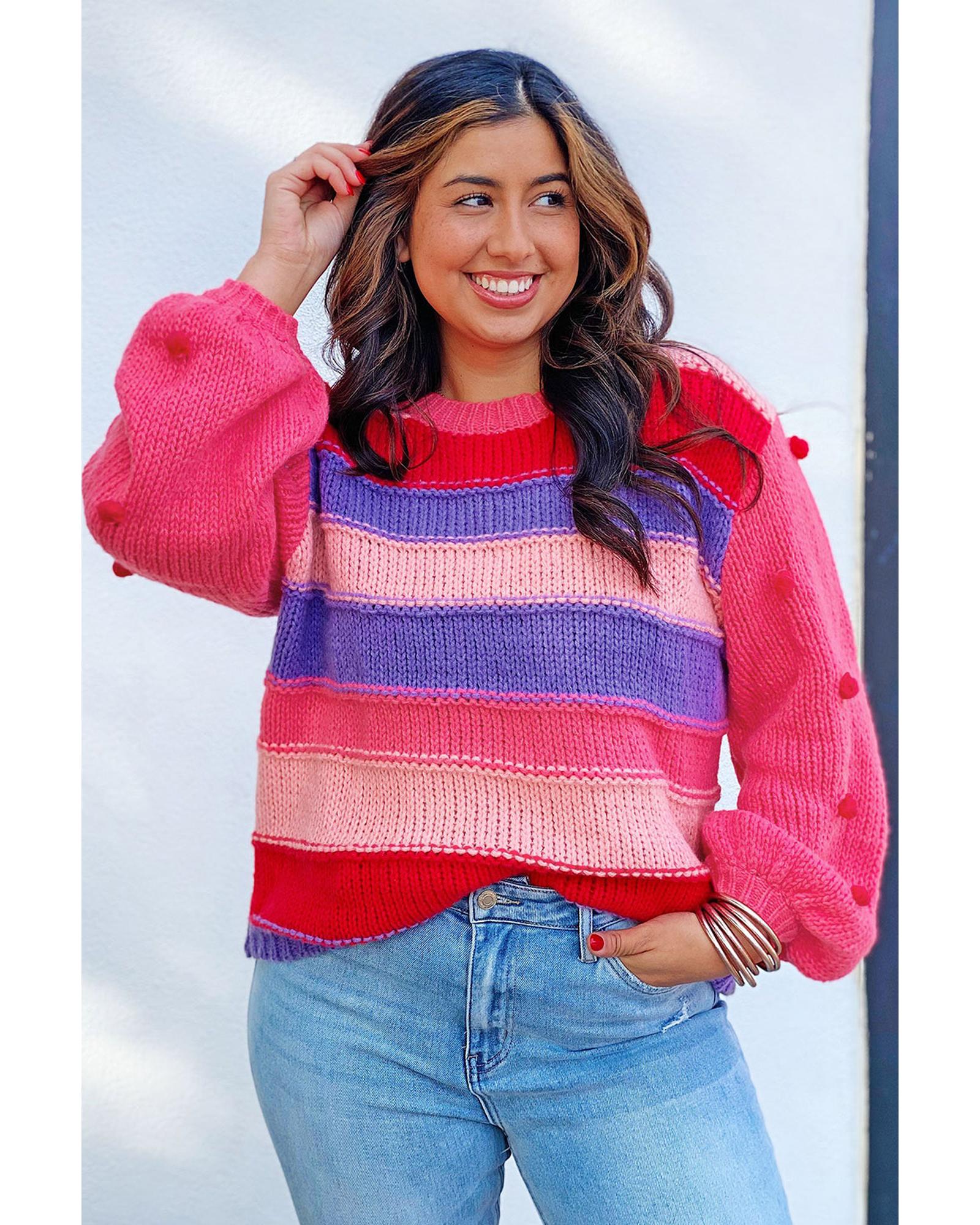 Pink Plus Size Striped Knit Pompom Puff Sleeve Sweater - 2X