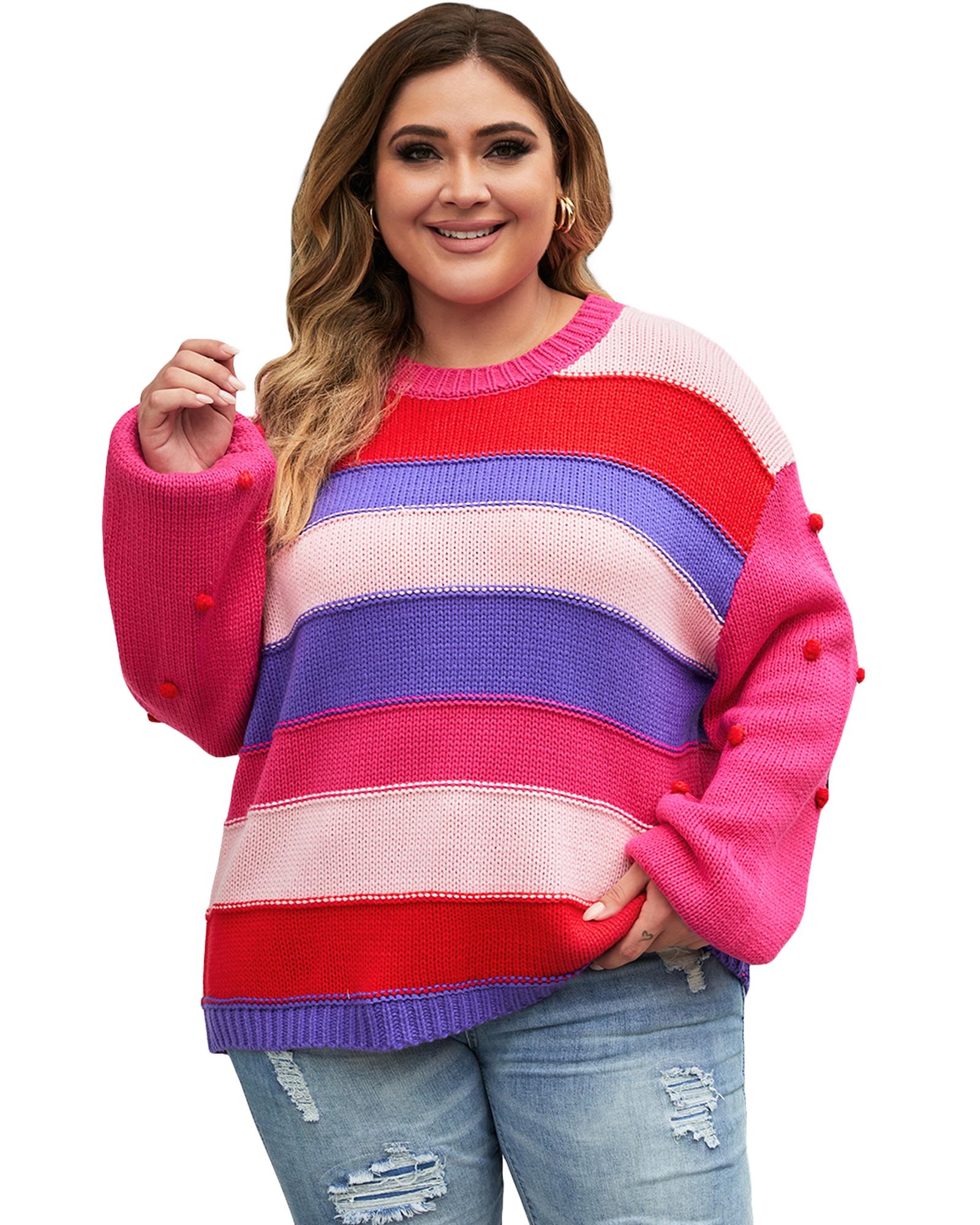 Pink Plus Size Striped Knit Pompom Puff Sleeve Sweater - 2X