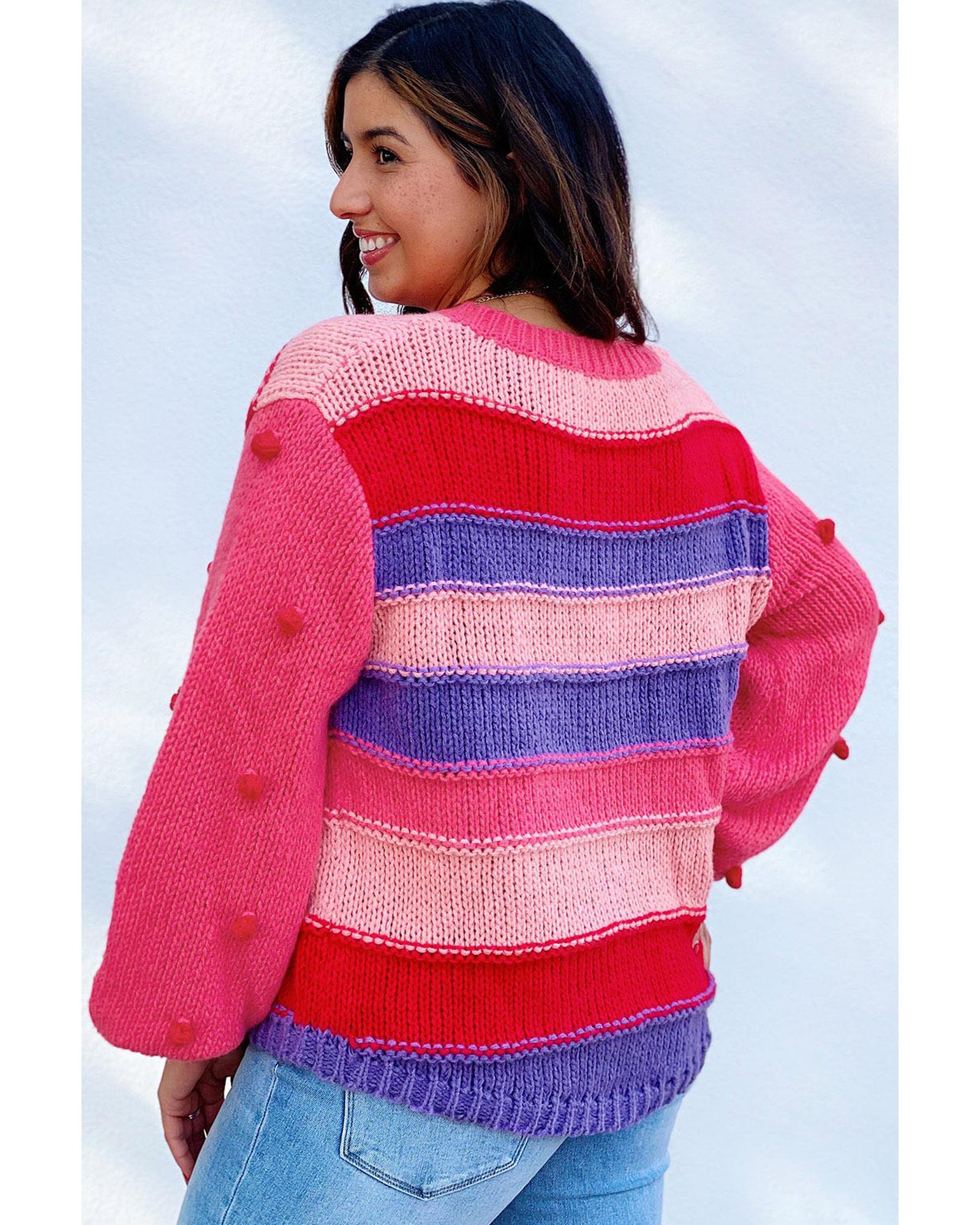 Pink Plus Size Striped Knit Pompom Puff Sleeve Sweater - 2X