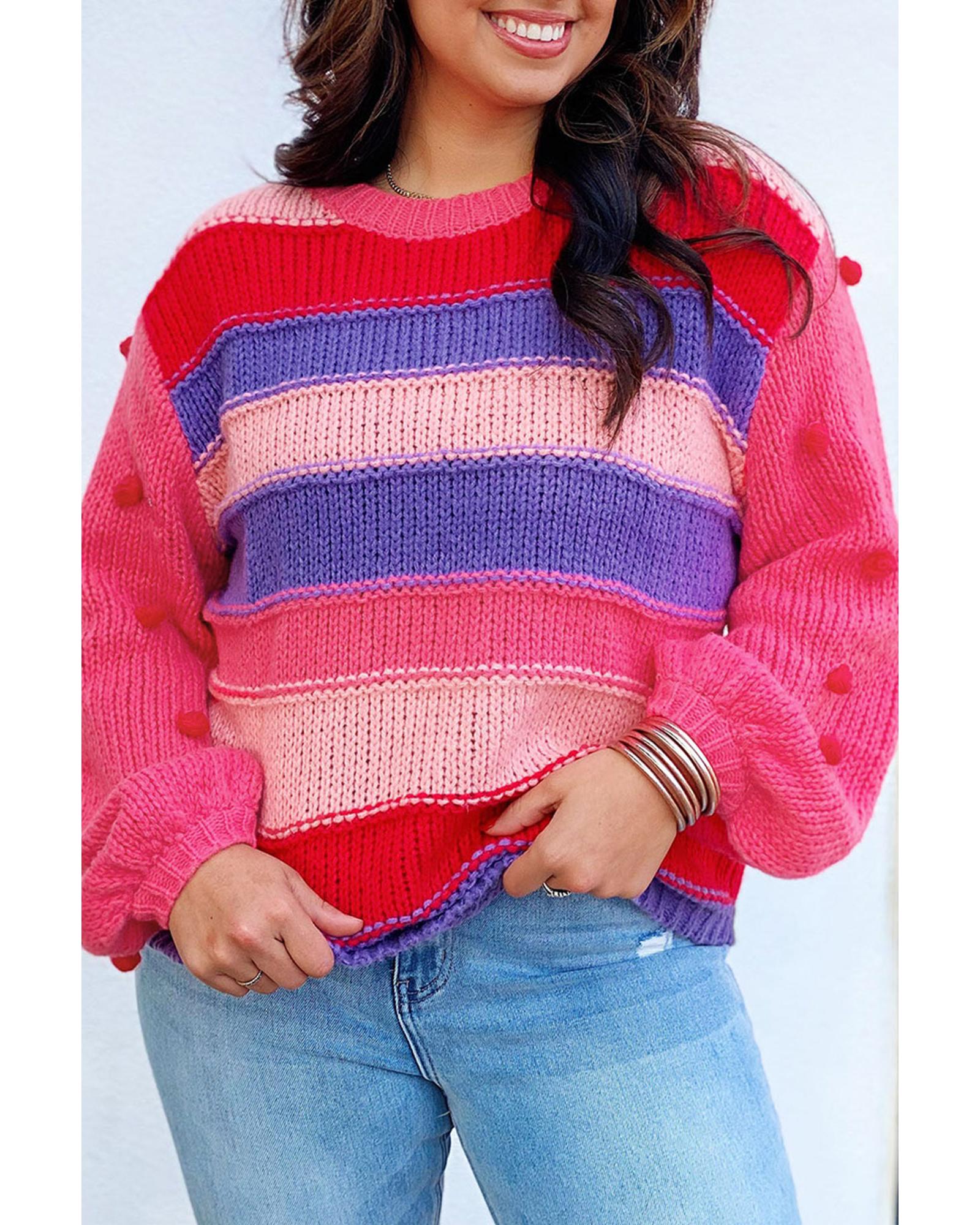 Pink Plus Size Striped Knit Pompom Puff Sleeve Sweater - 2X