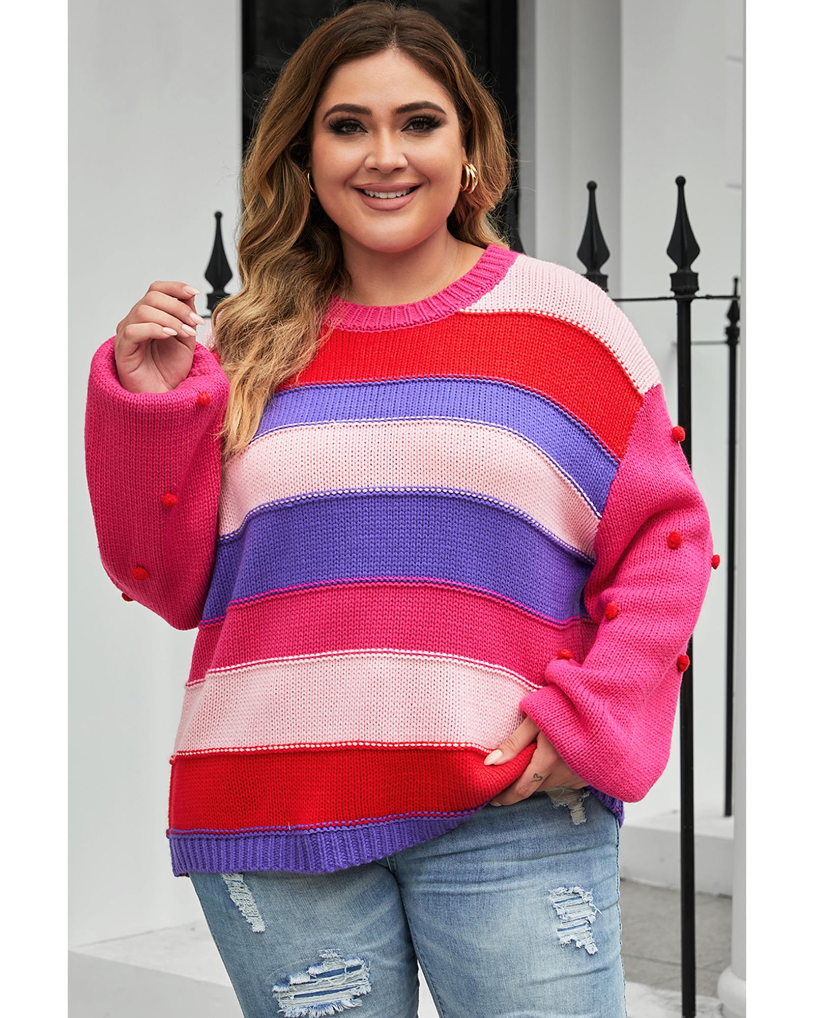 Pink Plus Size Striped Knit Pompom Puff Sleeve Sweater - 2X