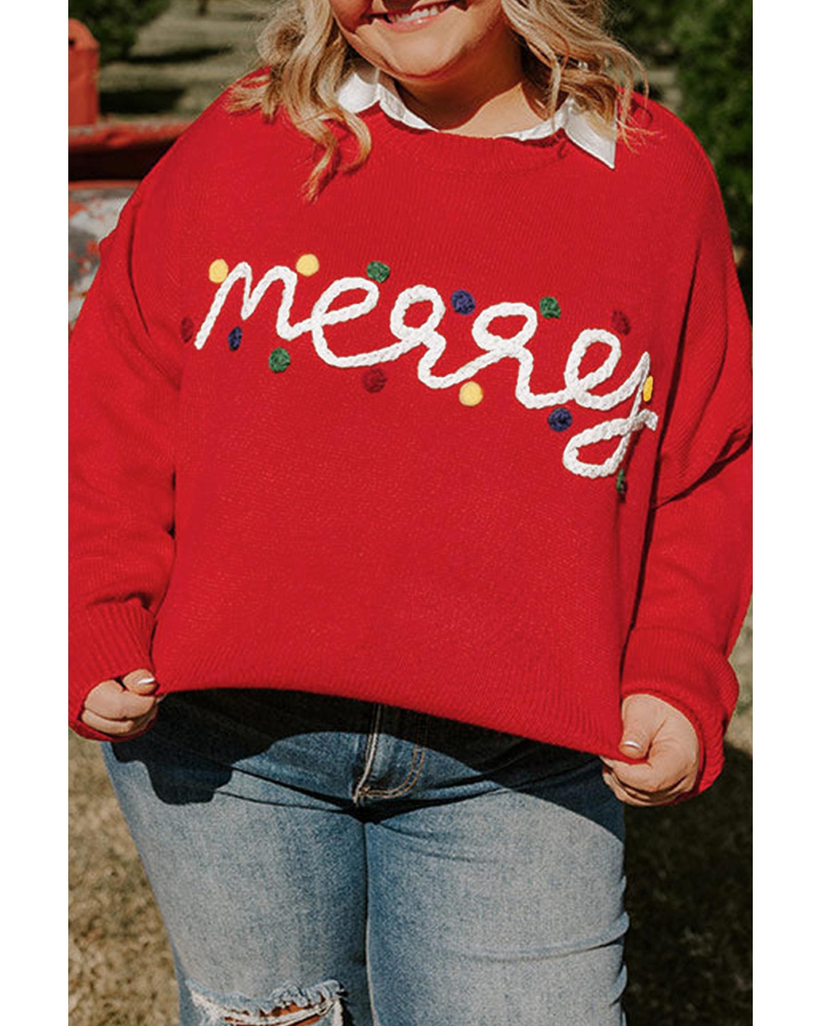 Fiery Red Merry Graphic Christmas Plus Size Sweater - 1X