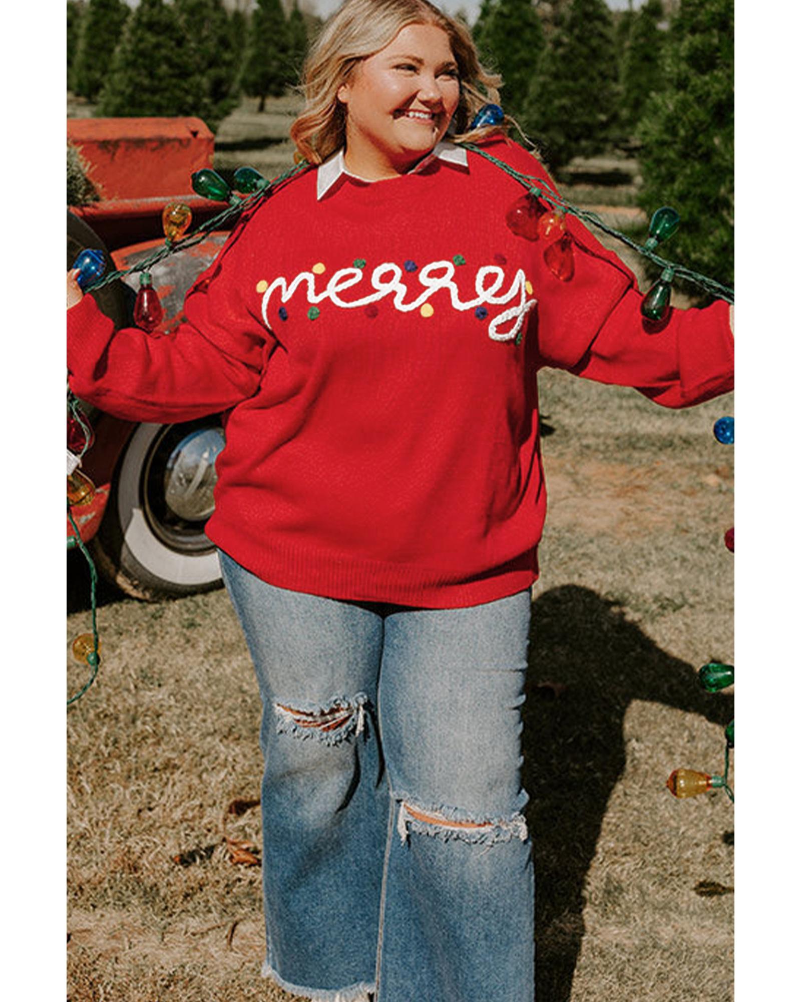 Fiery Red Merry Graphic Christmas Plus Size Sweater - 1X