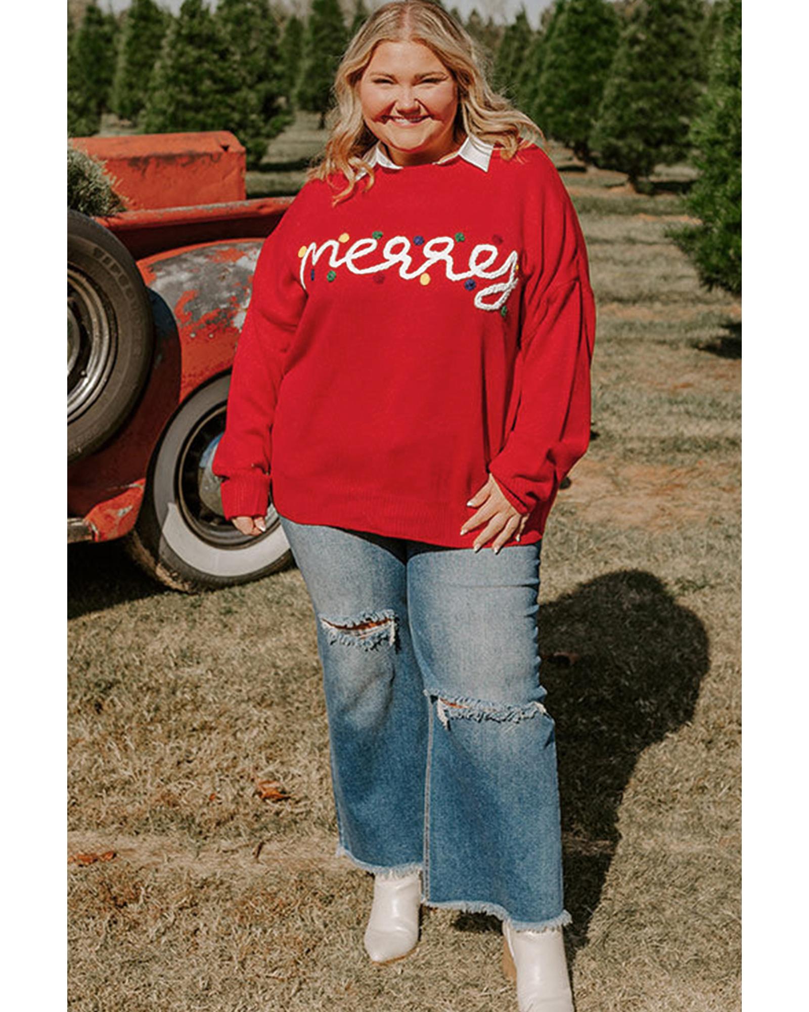 Fiery Red Merry Graphic Christmas Plus Size Sweater - 1X