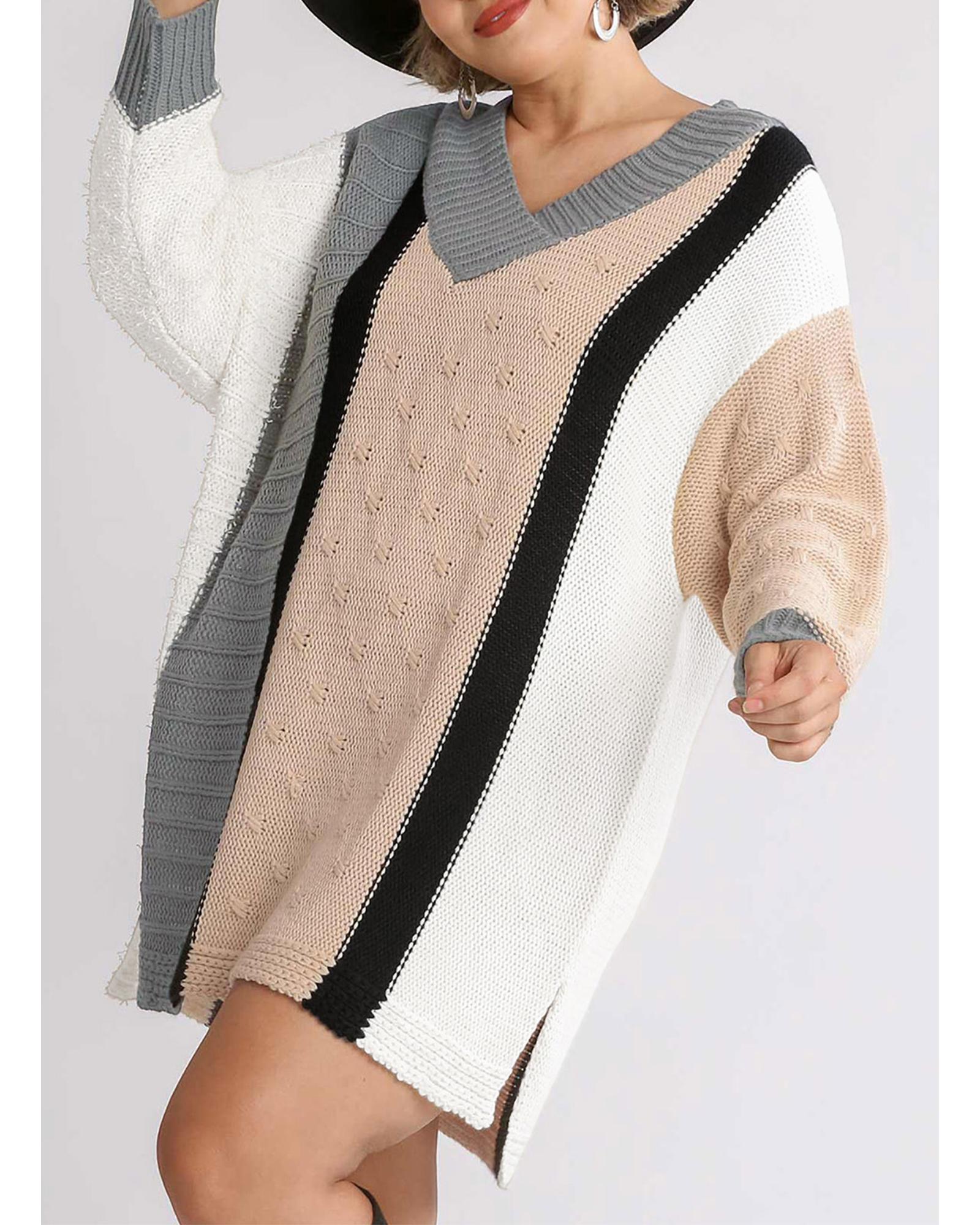 Apricot Mixed Boucl Color Block Plus Size Sweater Dress - 1X