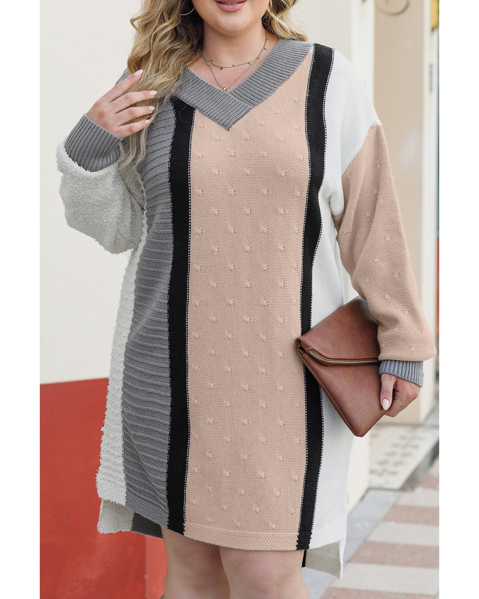 Apricot Mixed Boucl Color Block Plus Size Sweater Dress - 3X