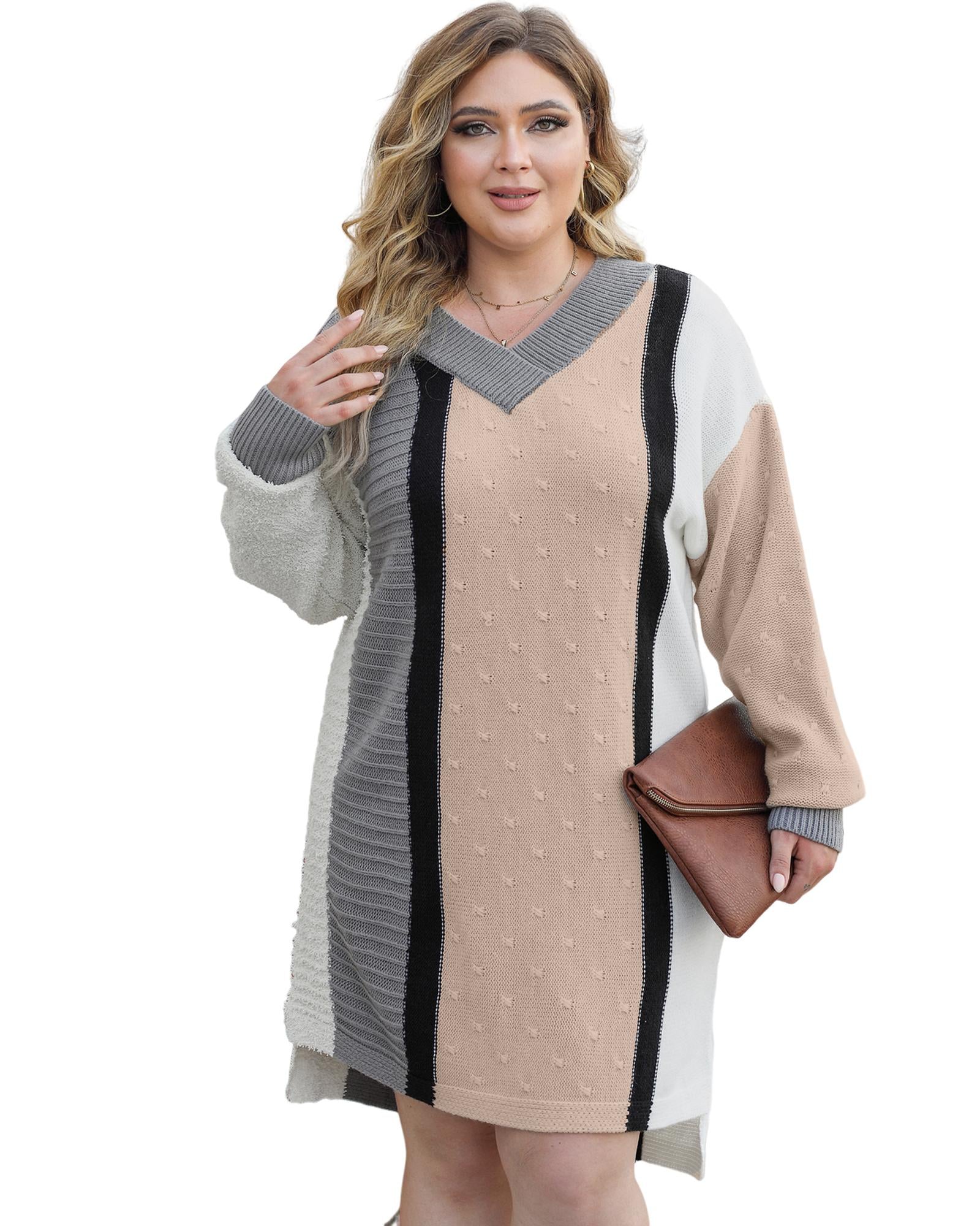 Apricot Mixed Boucl Color Block Plus Size Sweater Dress - 3X