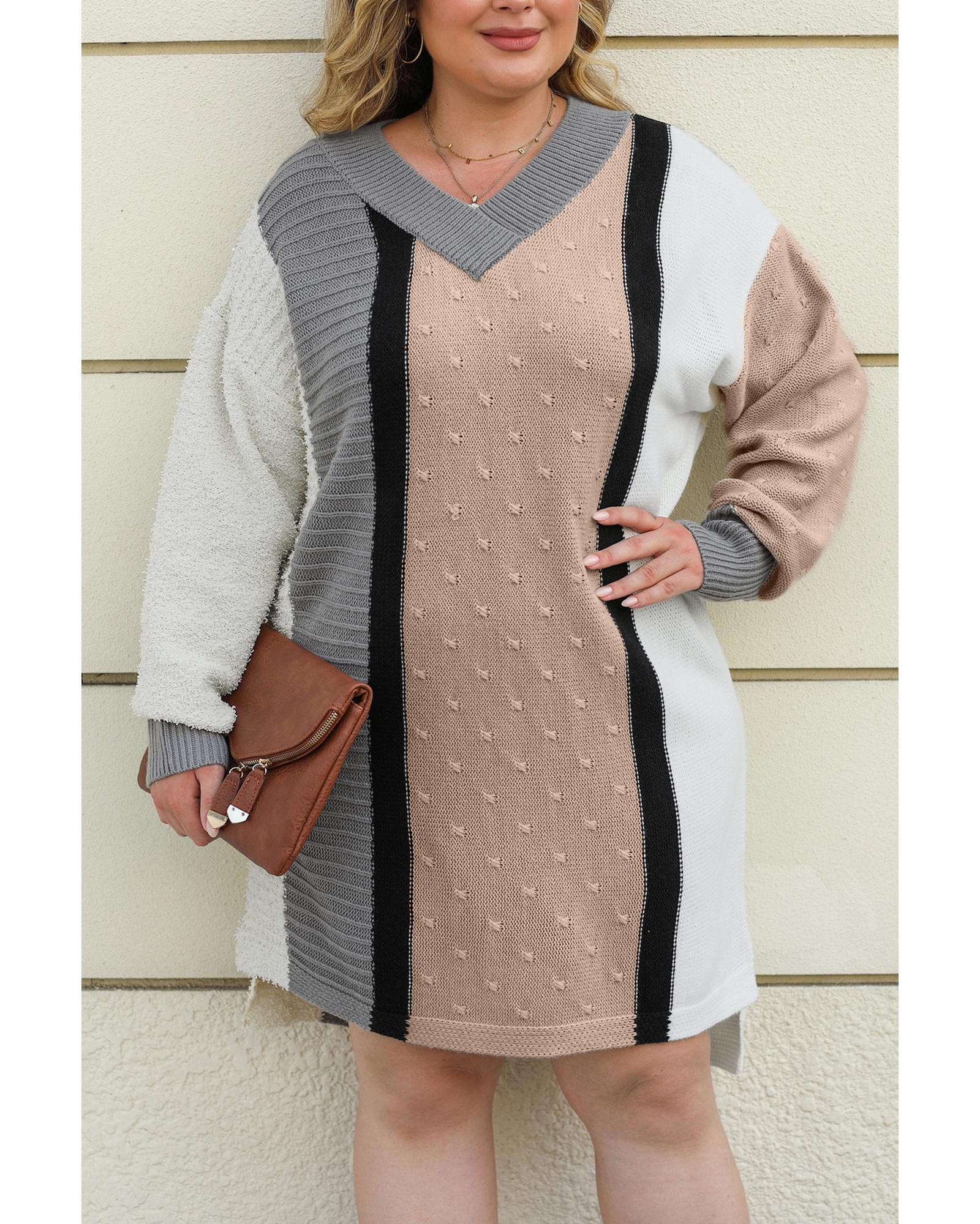 Apricot Mixed Boucl Color Block Plus Size Sweater Dress - 3X