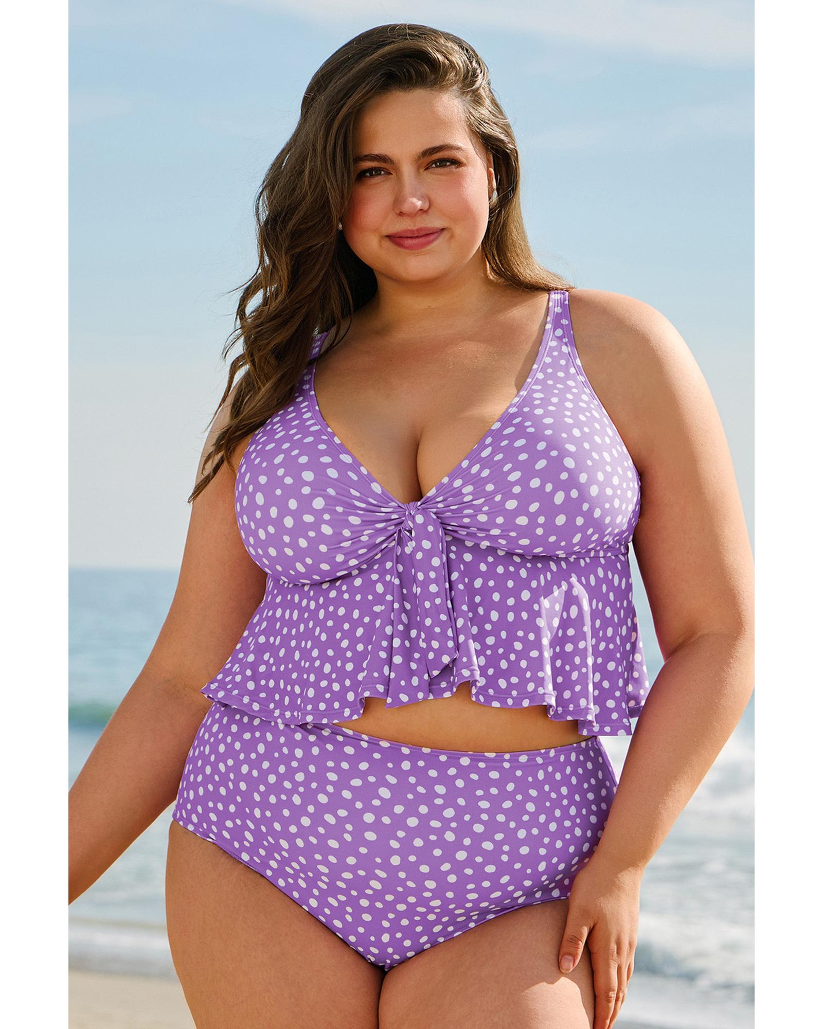 Purple Plus Size Polka Dot Print Ruffled Knotted V Neck Tankini Set - 1X