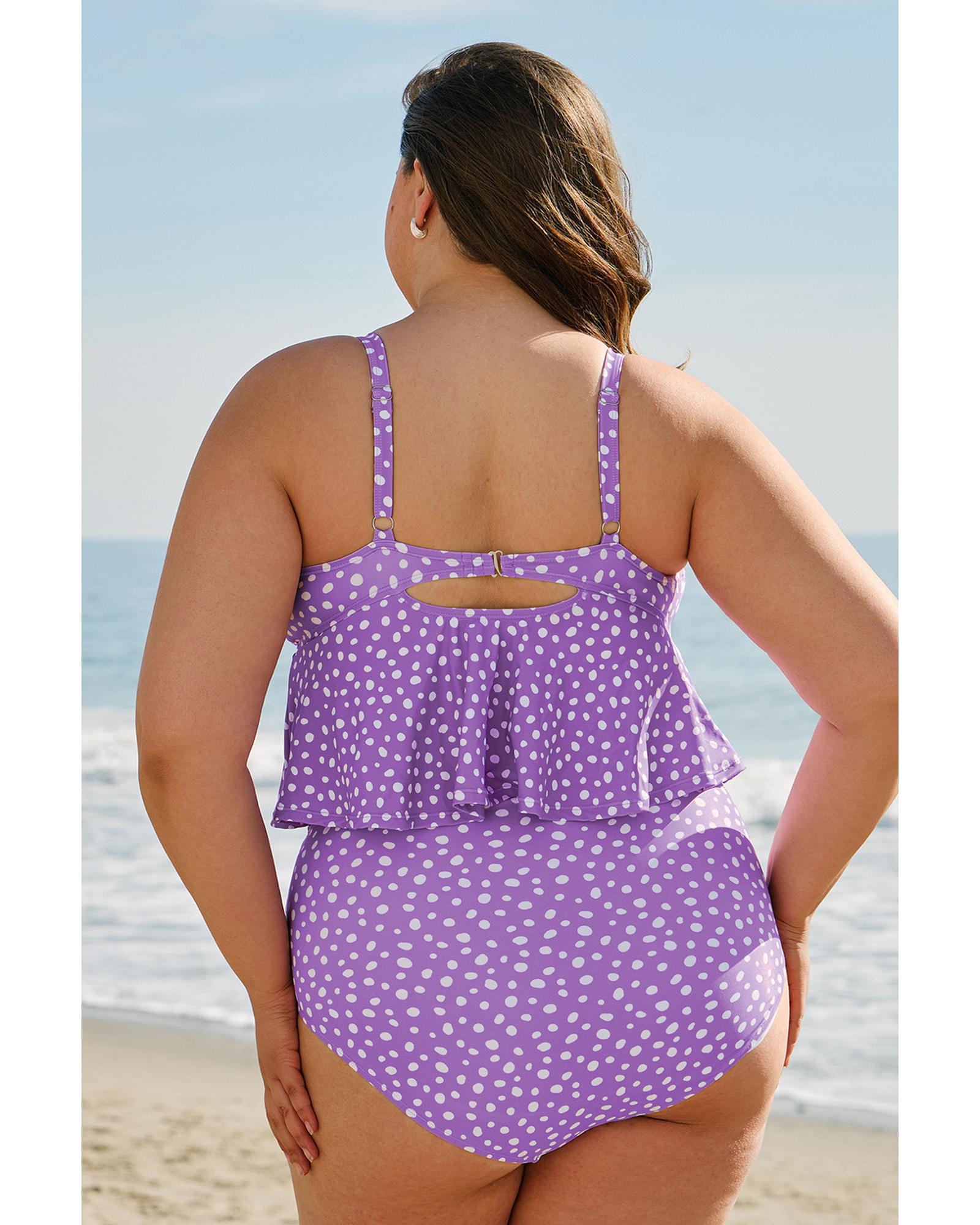 Purple Plus Size Polka Dot Print Ruffled Knotted V Neck Tankini Set - 1X