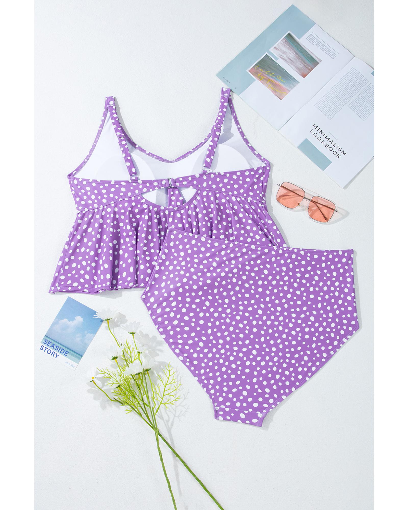 Purple Plus Size Polka Dot Print Ruffled Knotted V Neck Tankini Set - 1X