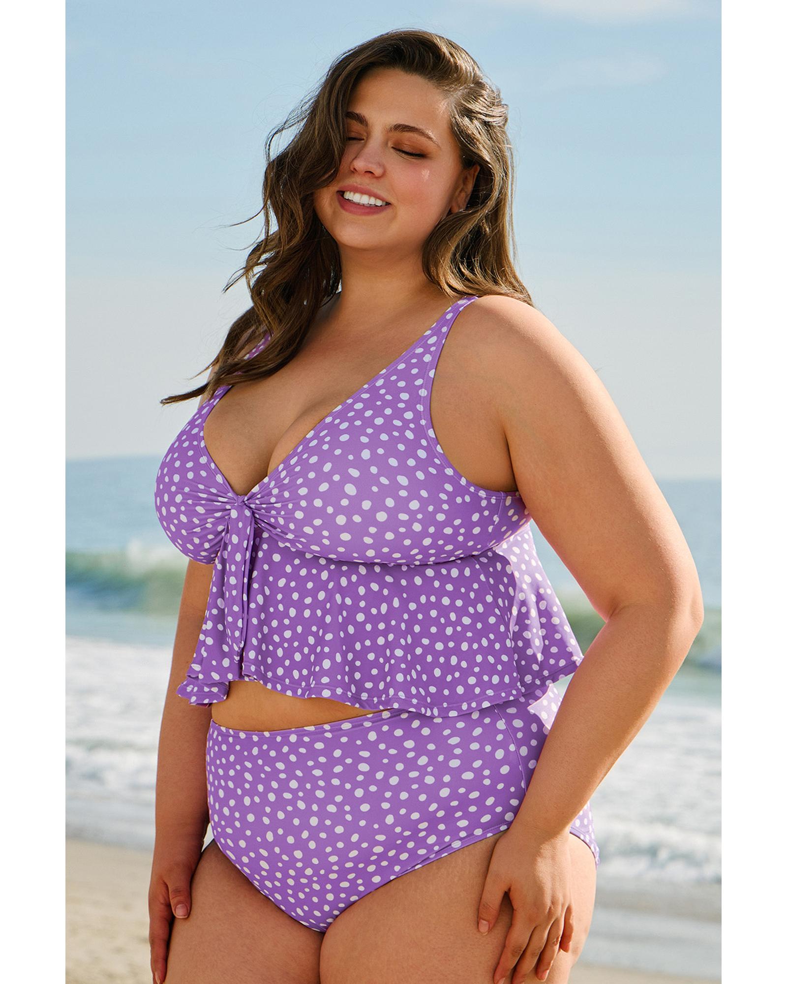 Purple Plus Size Polka Dot Print Ruffled Knotted V Neck Tankini Set - 2X