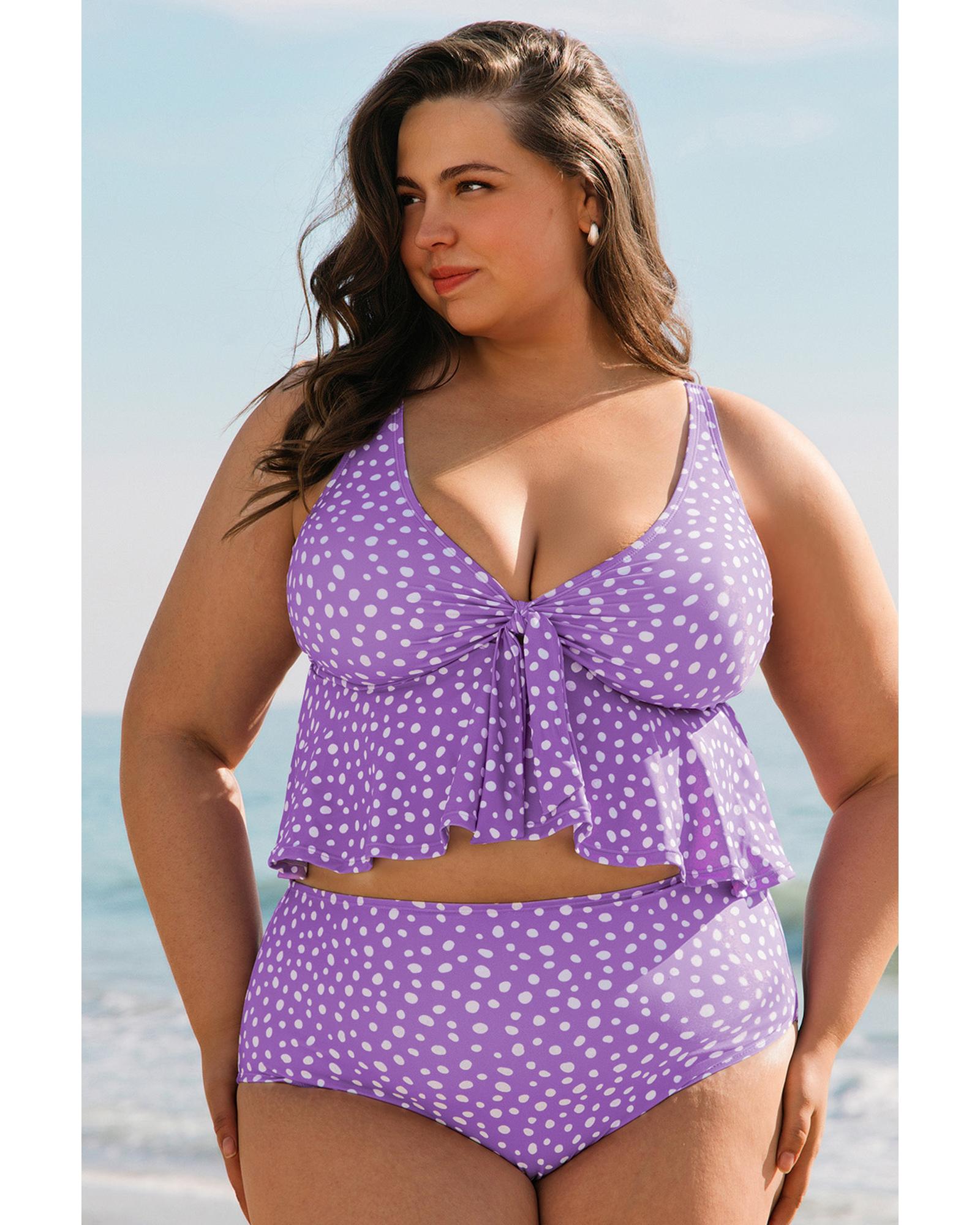 Purple Plus Size Polka Dot Print Ruffled Knotted V Neck Tankini Set - 2X