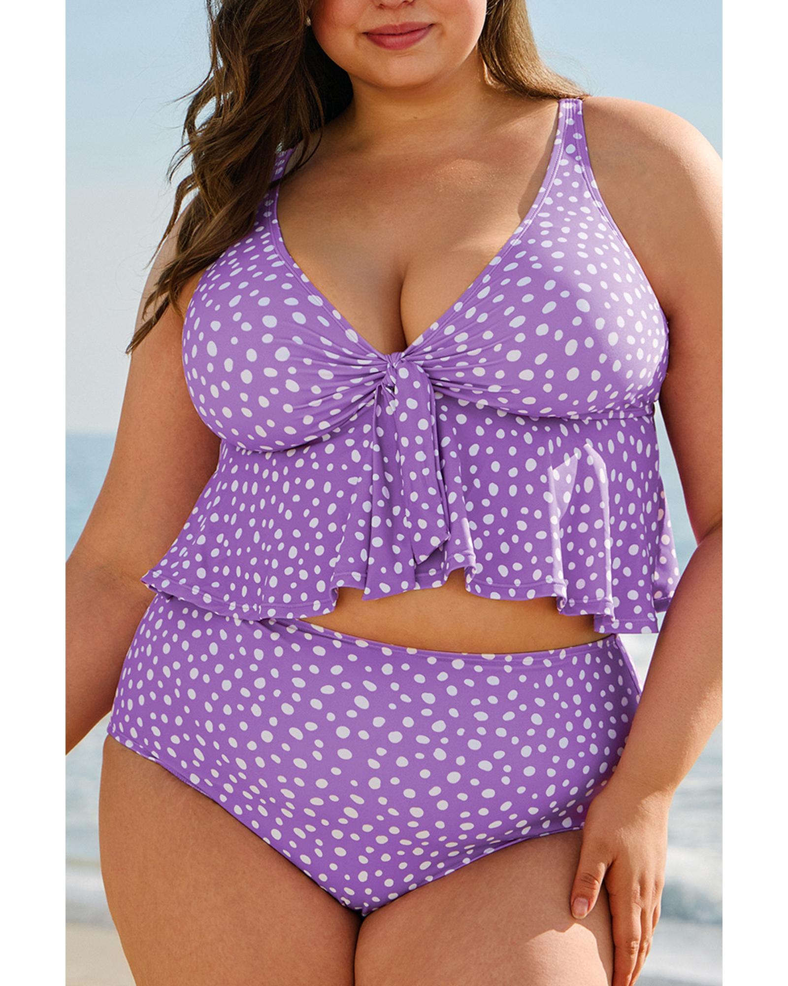Purple Plus Size Polka Dot Print Ruffled Knotted V Neck Tankini Set - 2X