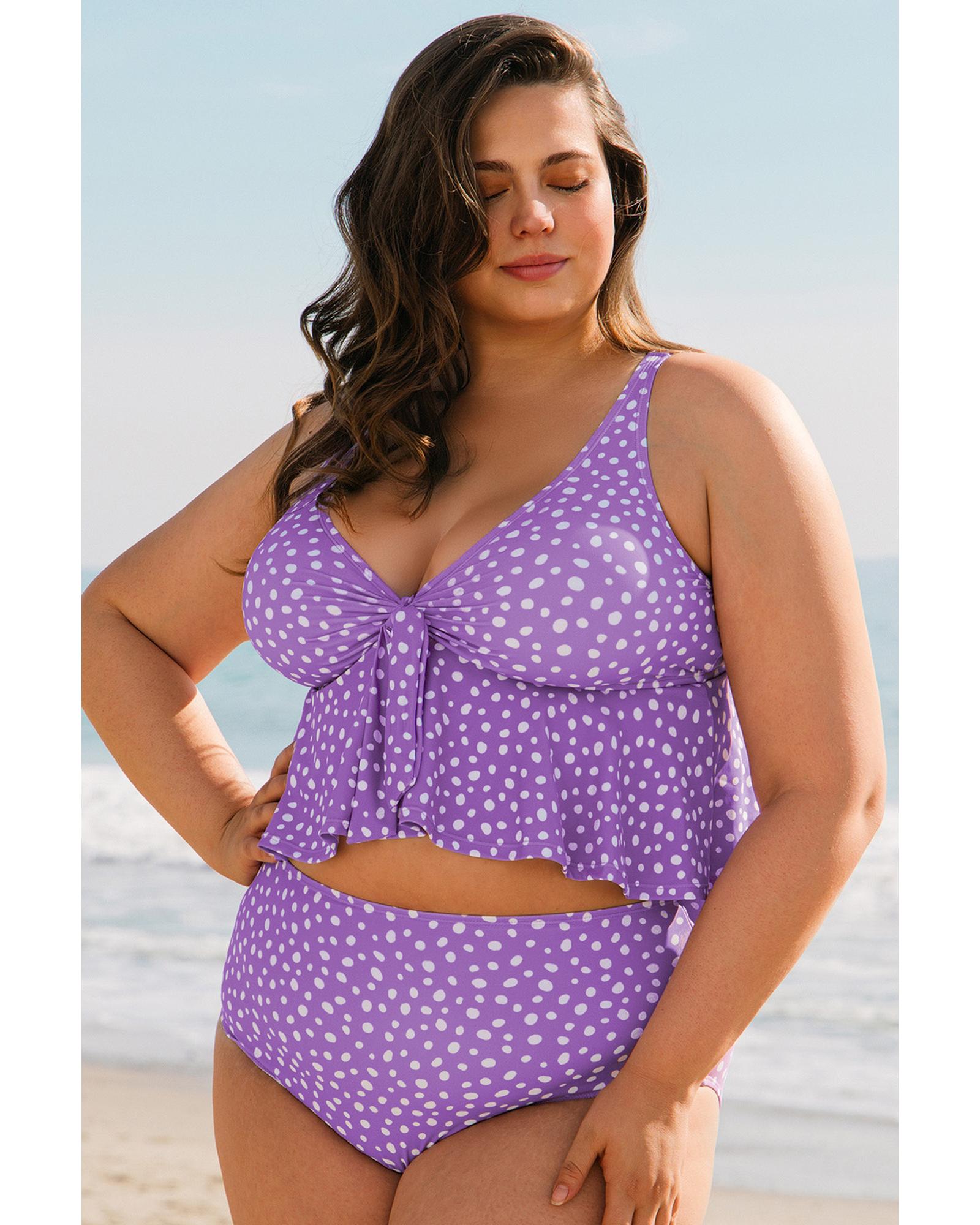 Purple Plus Size Polka Dot Print Ruffled Knotted V Neck Tankini Set - 2X