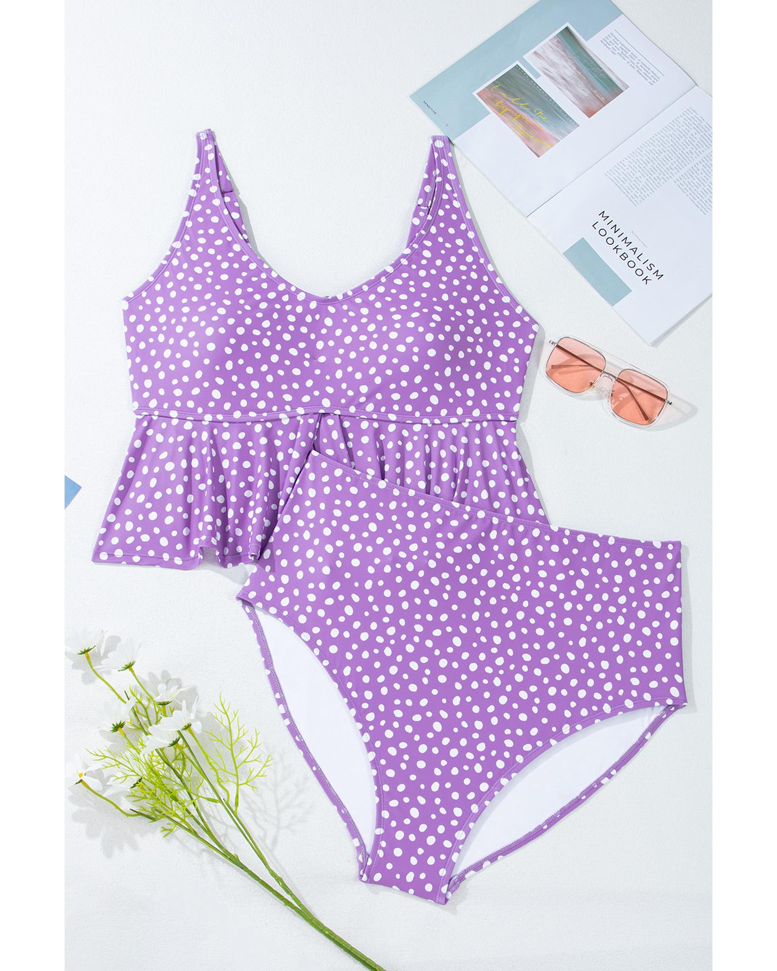 Purple Plus Size Polka Dot Print Ruffled Knotted V Neck Tankini Set - 2X