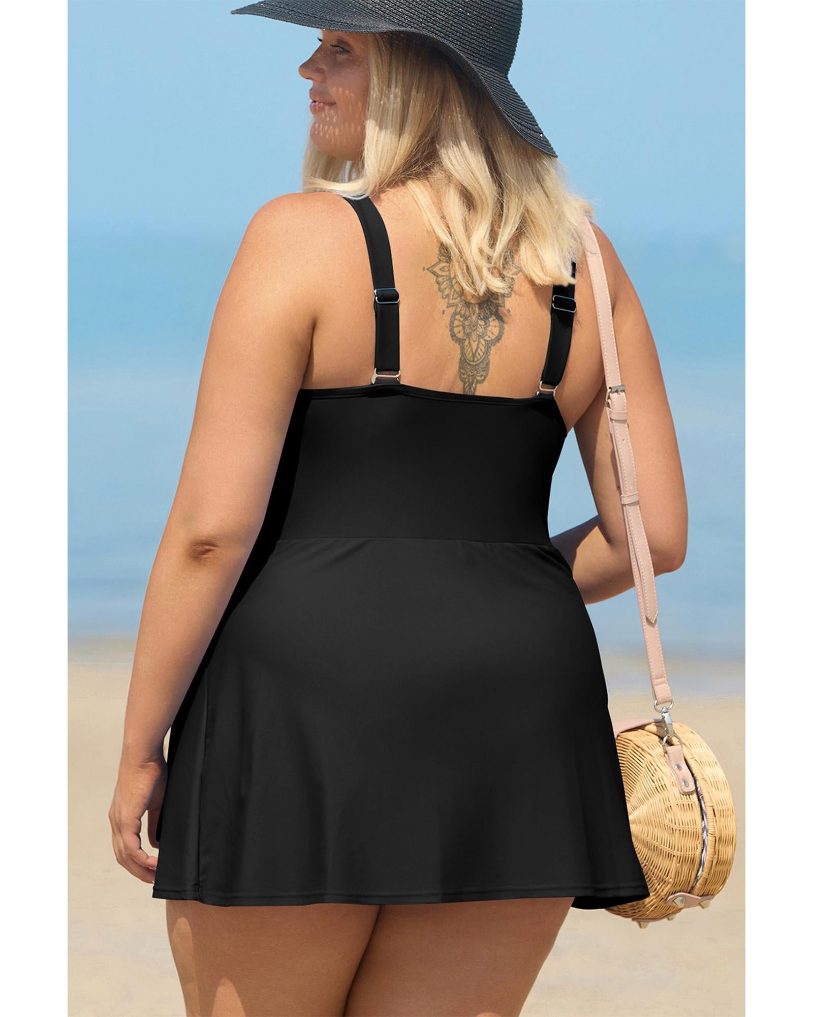 Black Solid Color Square Neck Knotted Plus Size One Piece Swimsuit - 2X