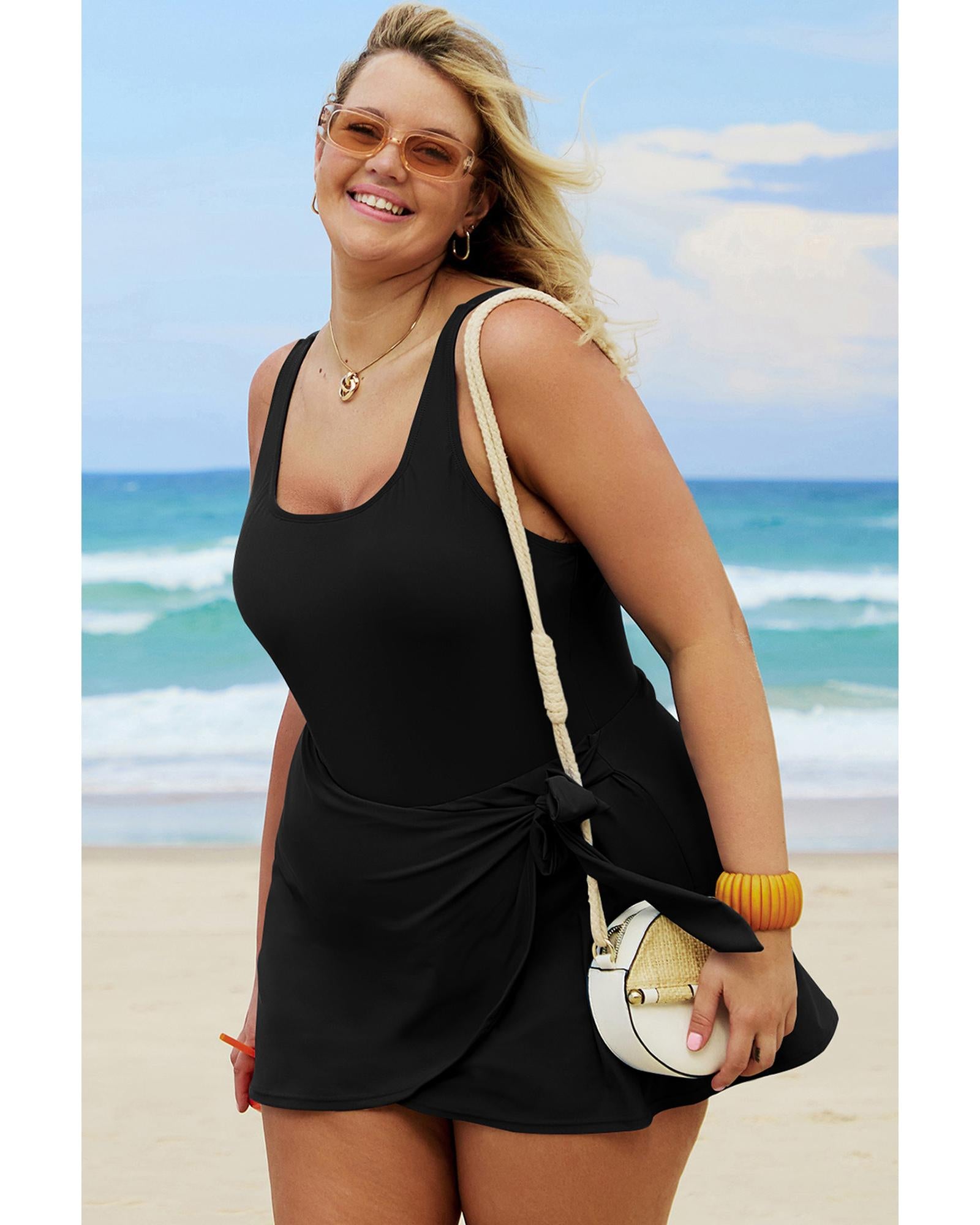 Black Solid Color Square Neck Knotted Plus Size One Piece Swimsuit - 3X