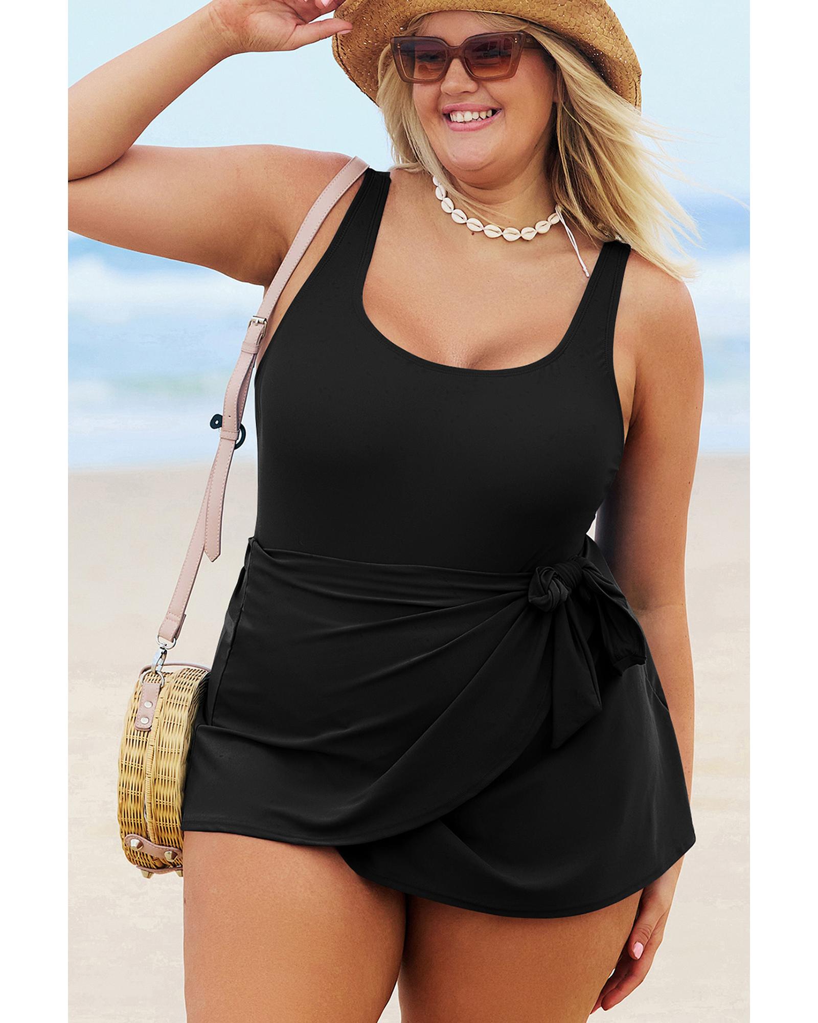 Black Solid Color Square Neck Knotted Plus Size One Piece Swimsuit - 3X