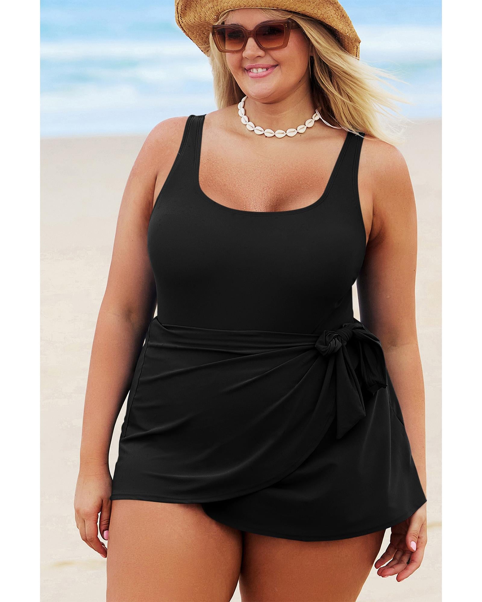 Black Solid Color Square Neck Knotted Plus Size One Piece Swimsuit - 3X