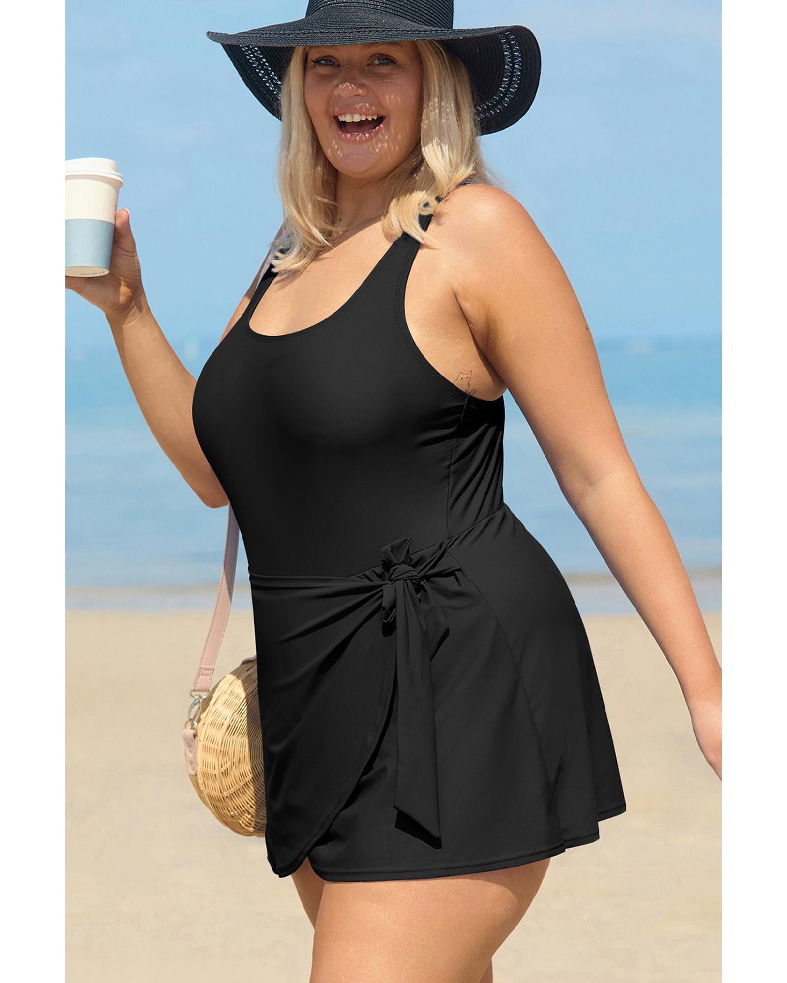 Black Solid Color Square Neck Knotted Plus Size One Piece Swimsuit - 4X